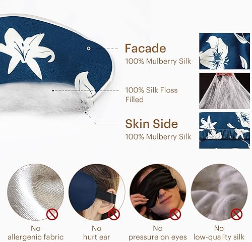 Miniatura 3 de LILYSILK Máscara para dormir 100% seda, suave y agradable al tacto, antifaz para dormir con banda elástica, exquisito estampado de lirio para