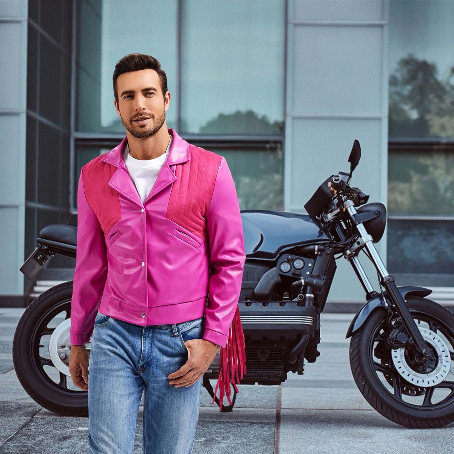 Halloween Cosplay Western Cowboy Jacket - Men’s Faux Leather Fringe Costume, Pink Cowboy Fringe Jacket for Themed Parties - Image 3