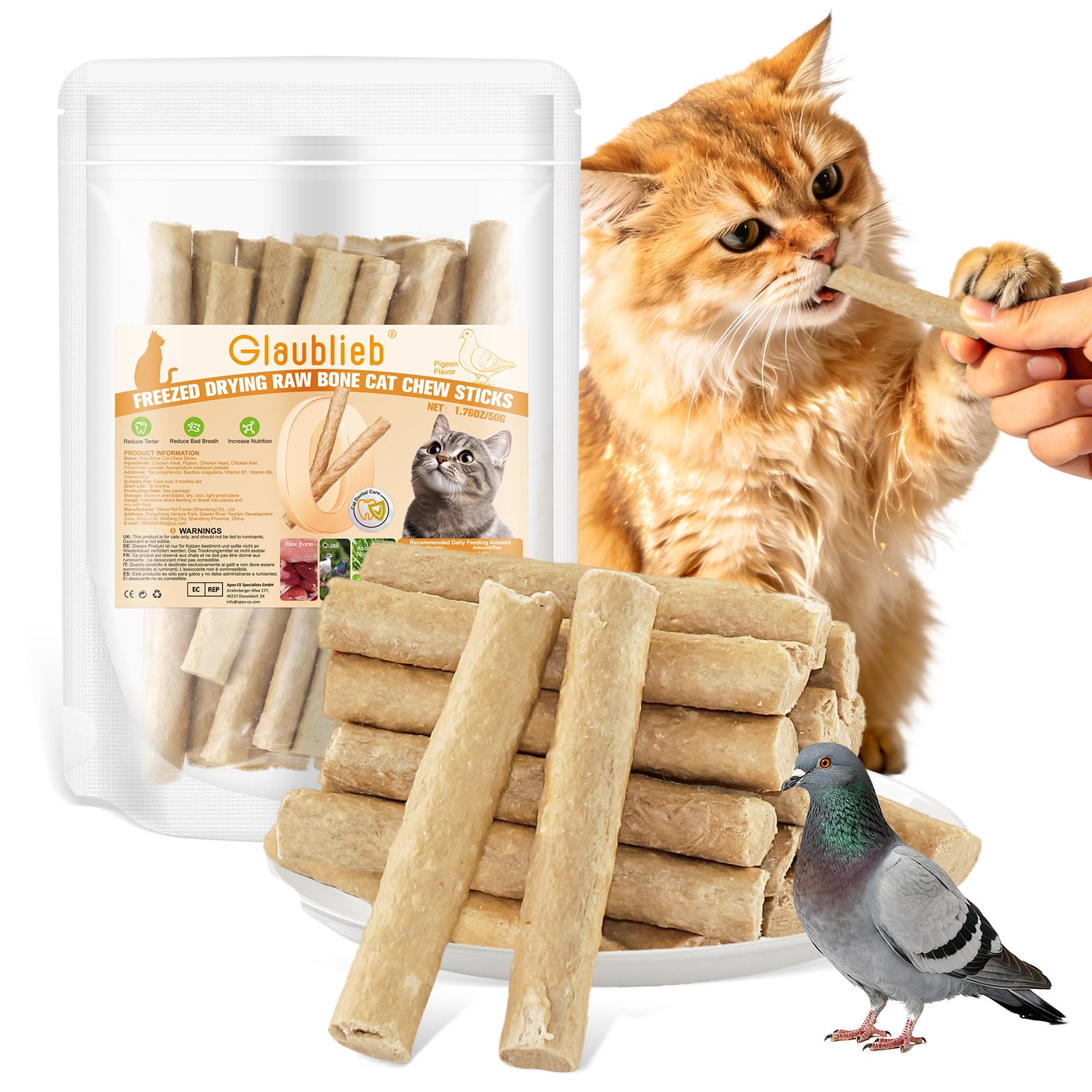 50g Freezed Dried Cat Chew Sticks Pigeon Flavor, Cat Dental Treats for Freshens Breath and Controls Tartar, Feline Teething Sticks โ image 1