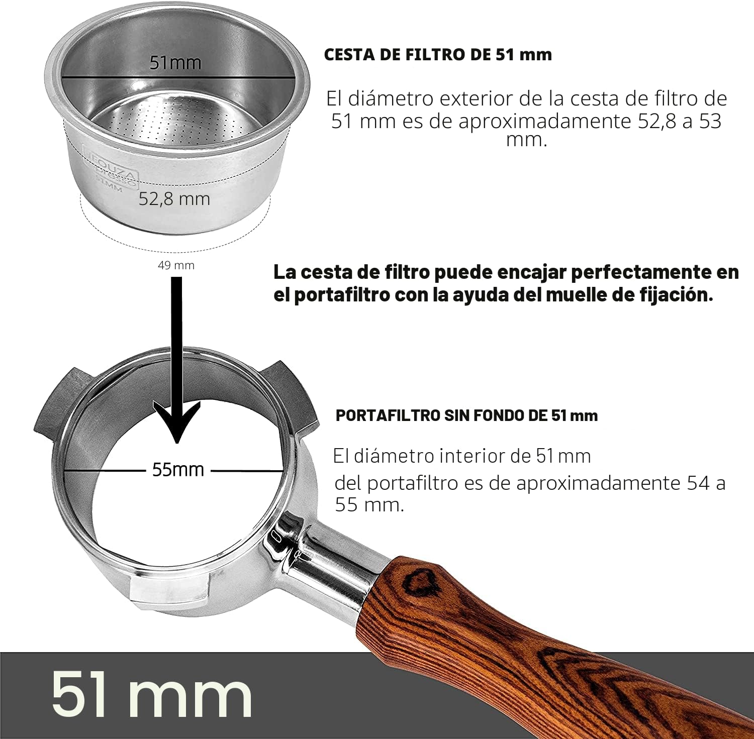 NEOUZA Cesta tamiz de filtro de acero inoxidable 304 de 51mm, 1/2/4 tazas, cesta ciega de retrolavado para portafiltro sin fondo, compatible con máquina de café espresso Delonghi, Breville (1 taza)