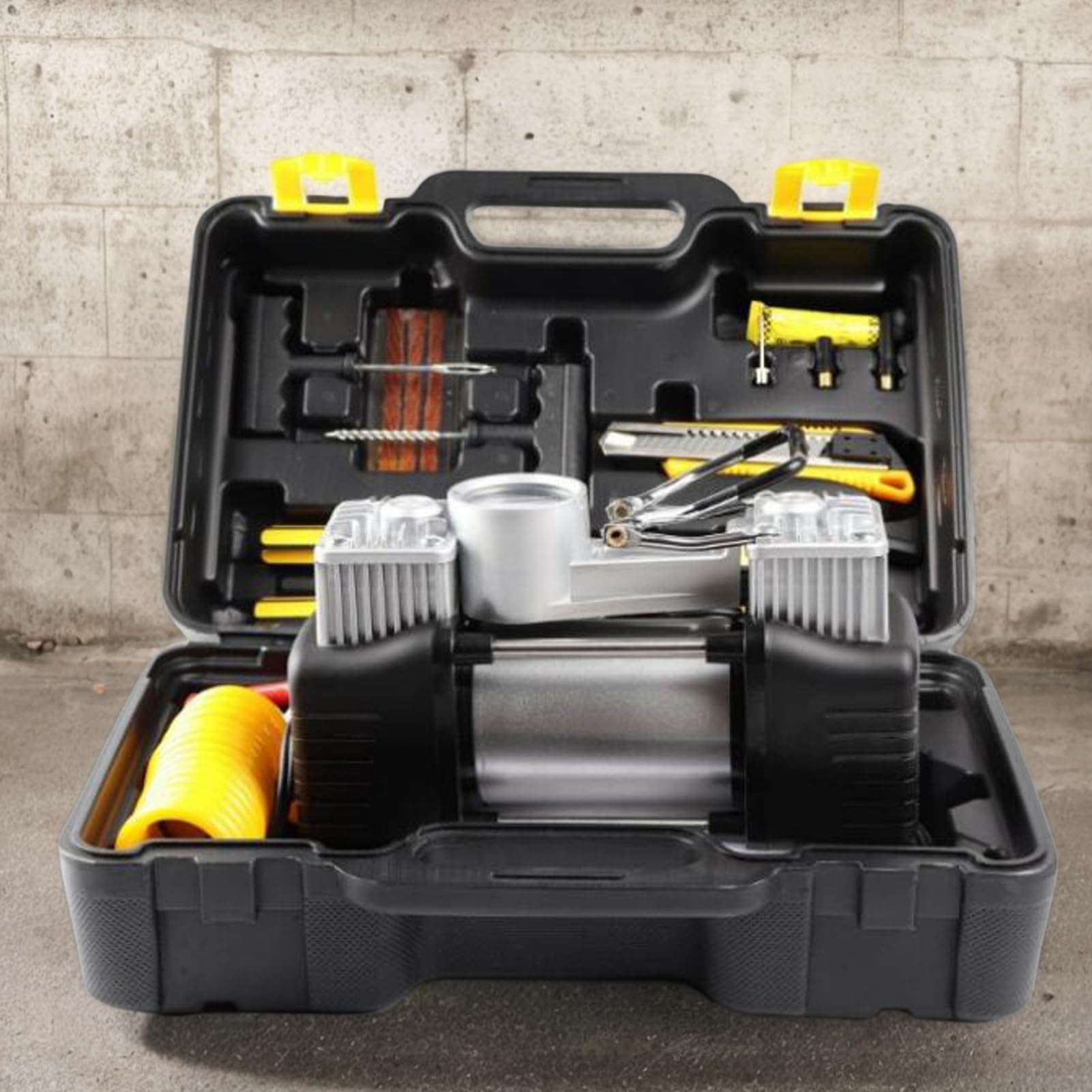 Scatola Degli Attrezzi Da Pompa Aria Scatola Porta Compressore 12V | Set Di Utensili Per Pompa D'Aria per Autovetture Motocicli Camion Camper Campeggio Garage Officina e Casa