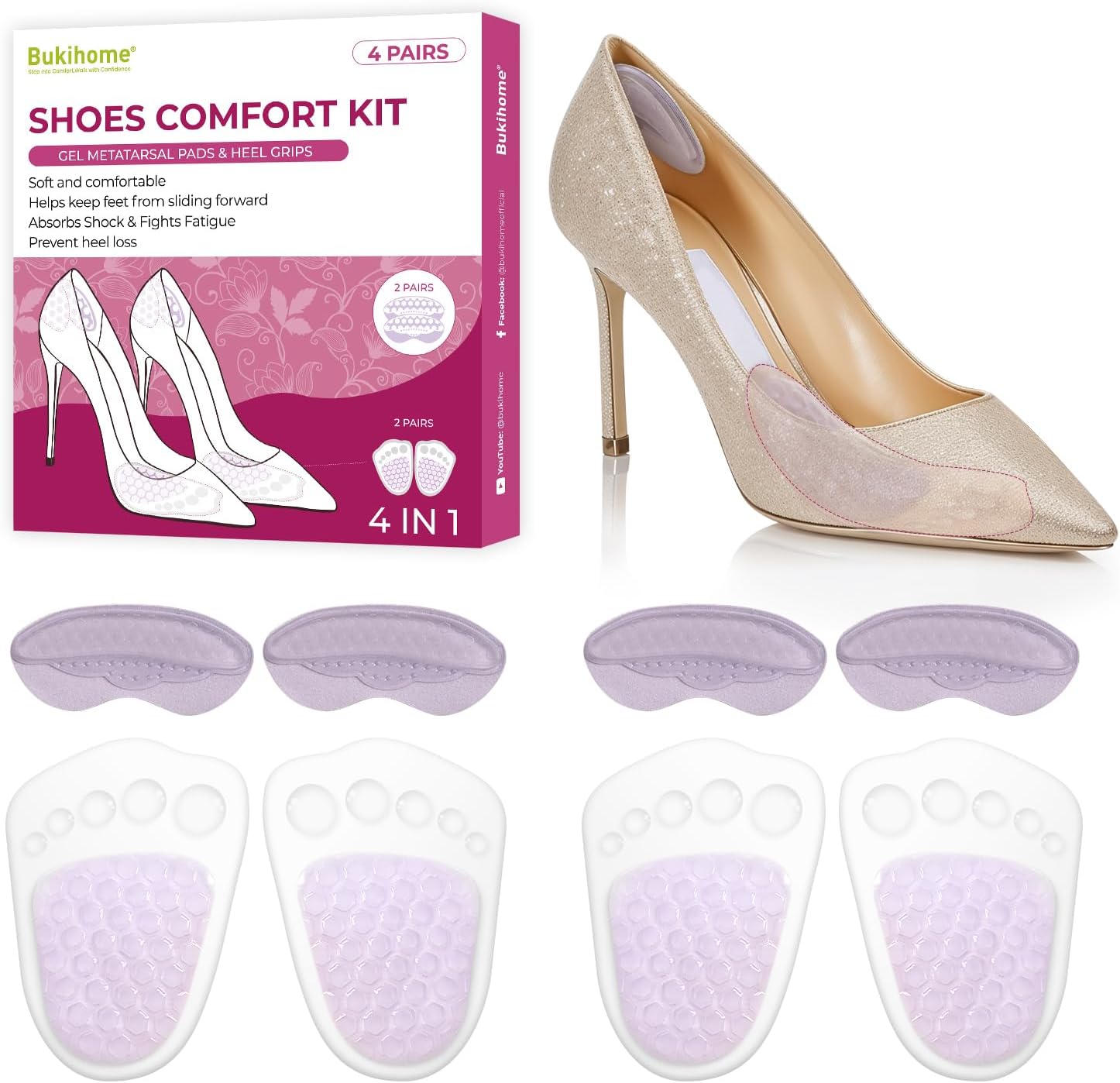 Ball of Foot Cushions & Heel Grips Set - Bukihome Ultra Cushioning Medical Gel Heel Pads - Shoe Inserts for High Heels, Pain Relief for Metatarsal Support, Anti-Slip & Invisible Design (Unisex)