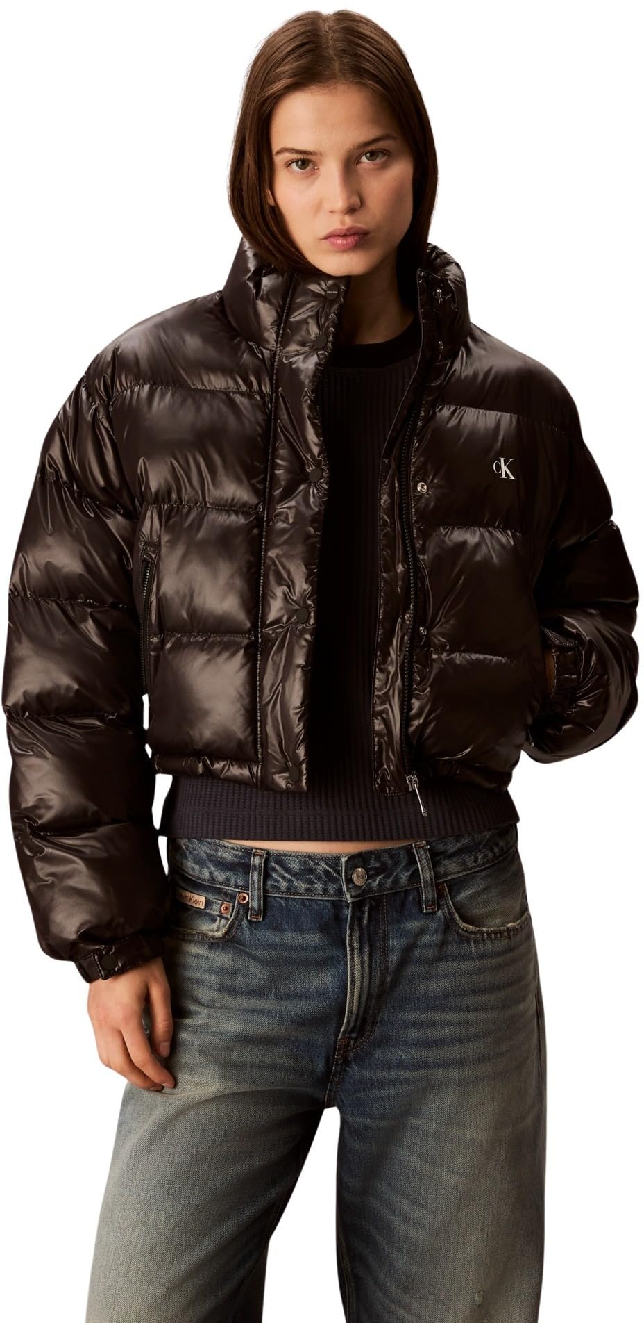 Calvin Klein Jeans Women's SHINE CROP PUFFER JACKET LV047D504G Jackets, Black (Black), XXS