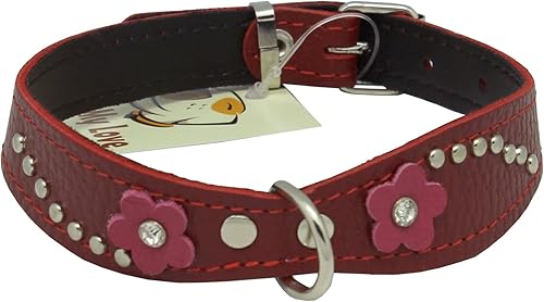 Collar de perro de diseño de cuero genuino rojo de 14.5 x 1 pulgadas con tachuelas, margarita y diamantes de imitación