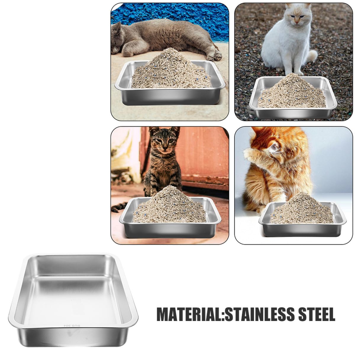 Robuste Katzentoilette aus Edelstahl und Stabilem Boden Geruchsneutral und Klebefrei mit Offenem Design für Kleine Katzen und Kätzchen