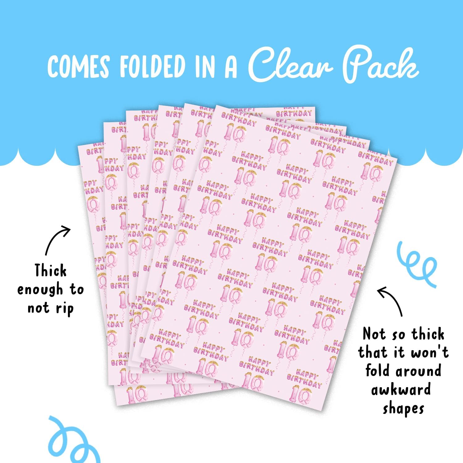 CENTRAL 23 Happy Birthday Wrapping Paper - 10 Year Old - 6 Sheets Pink Wrapping Paper - Girls Birthday Wrapping Paper - 10th Birthday - Comes With Stickers - Recyclable - Image 4