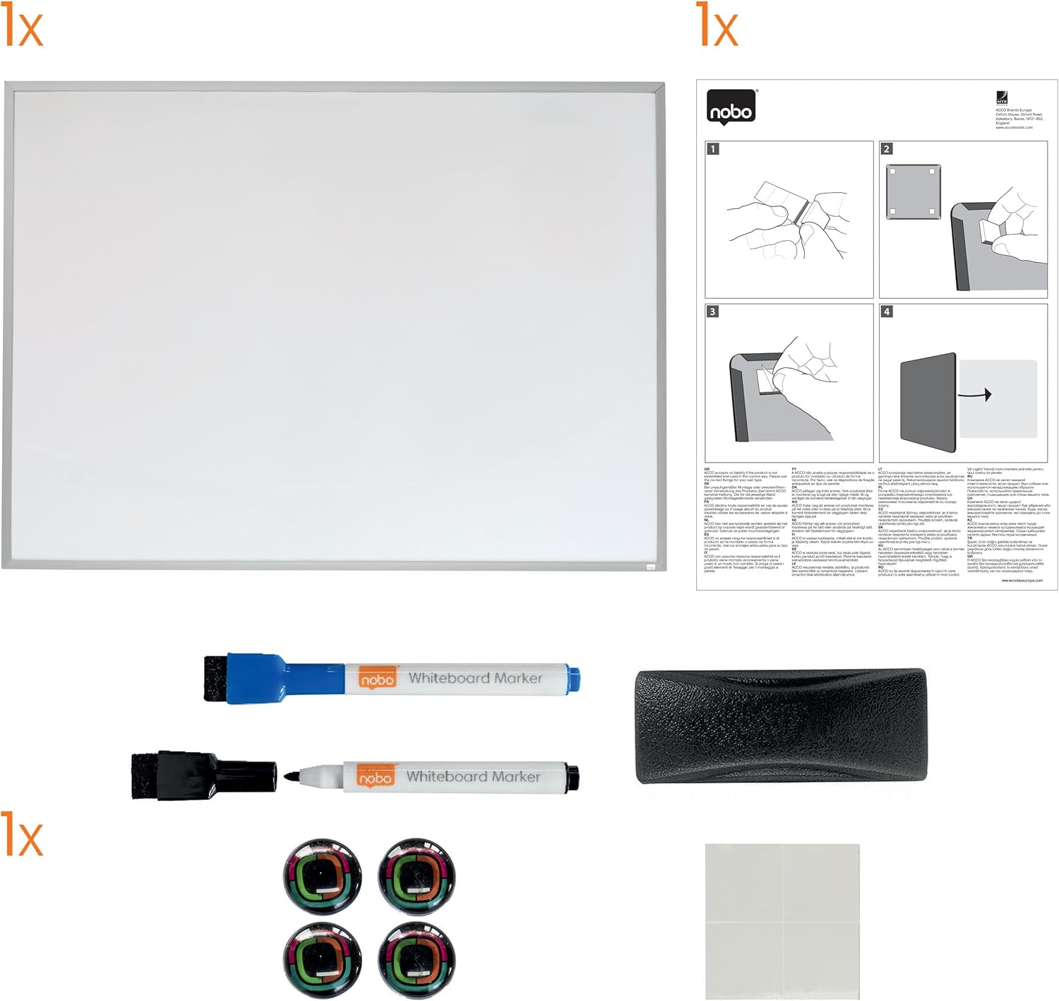 Nobo Small Magnetic Whiteboard, Aluminium Trim, Dry Wipe, Wall Mountable, Home/Office, 585 x 430 mm, Includes Marker Pens, Magnets, Mounting Pads & Eraser, White, 1903777