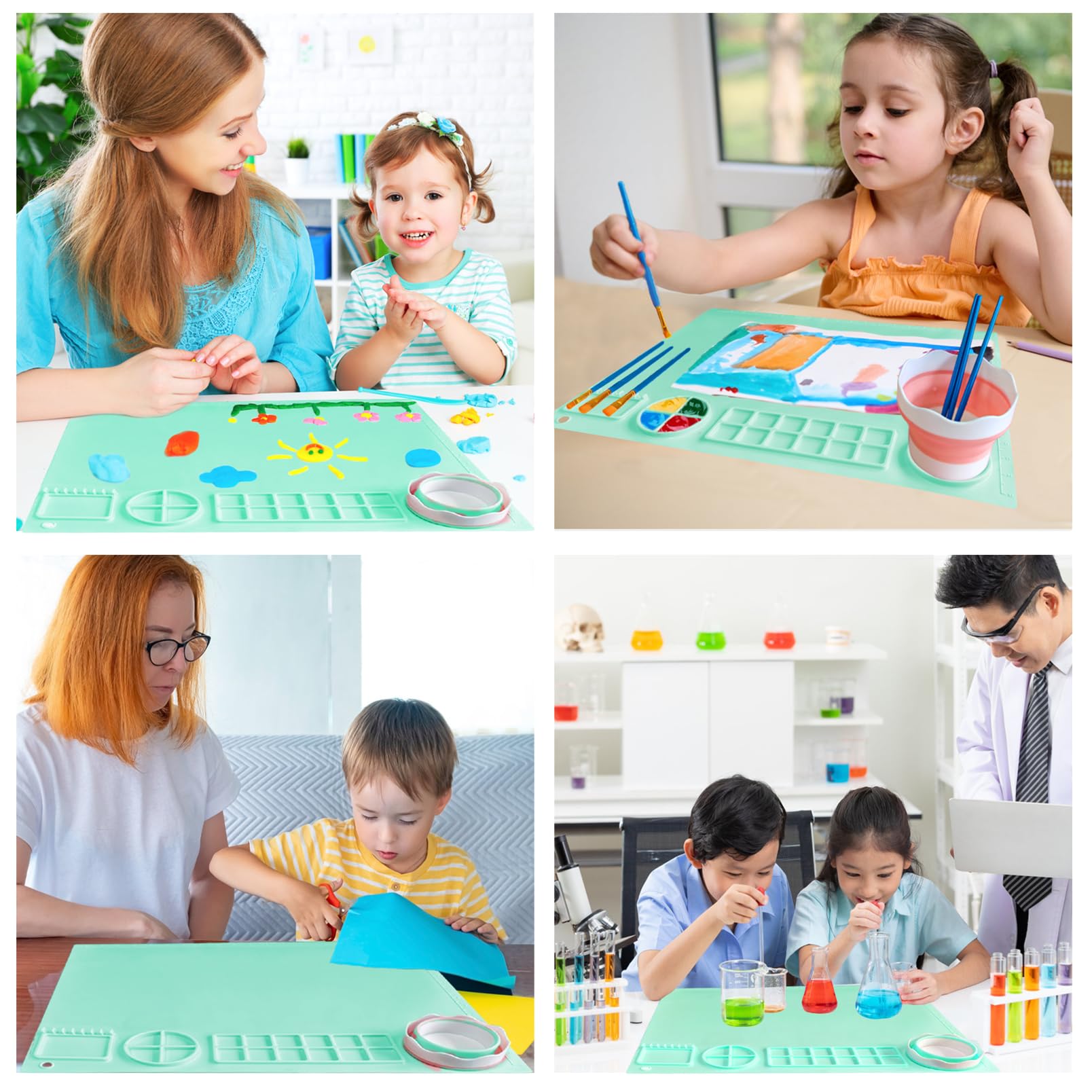 Tapis de peinture en silicone - 50 x 40 cm - Avec 10 pinceaux - Pliable - Antidérapant - Lavable - Avec gobelet - Pour peintres, enfants, artistes, bricolage, aquarelle - Bleu