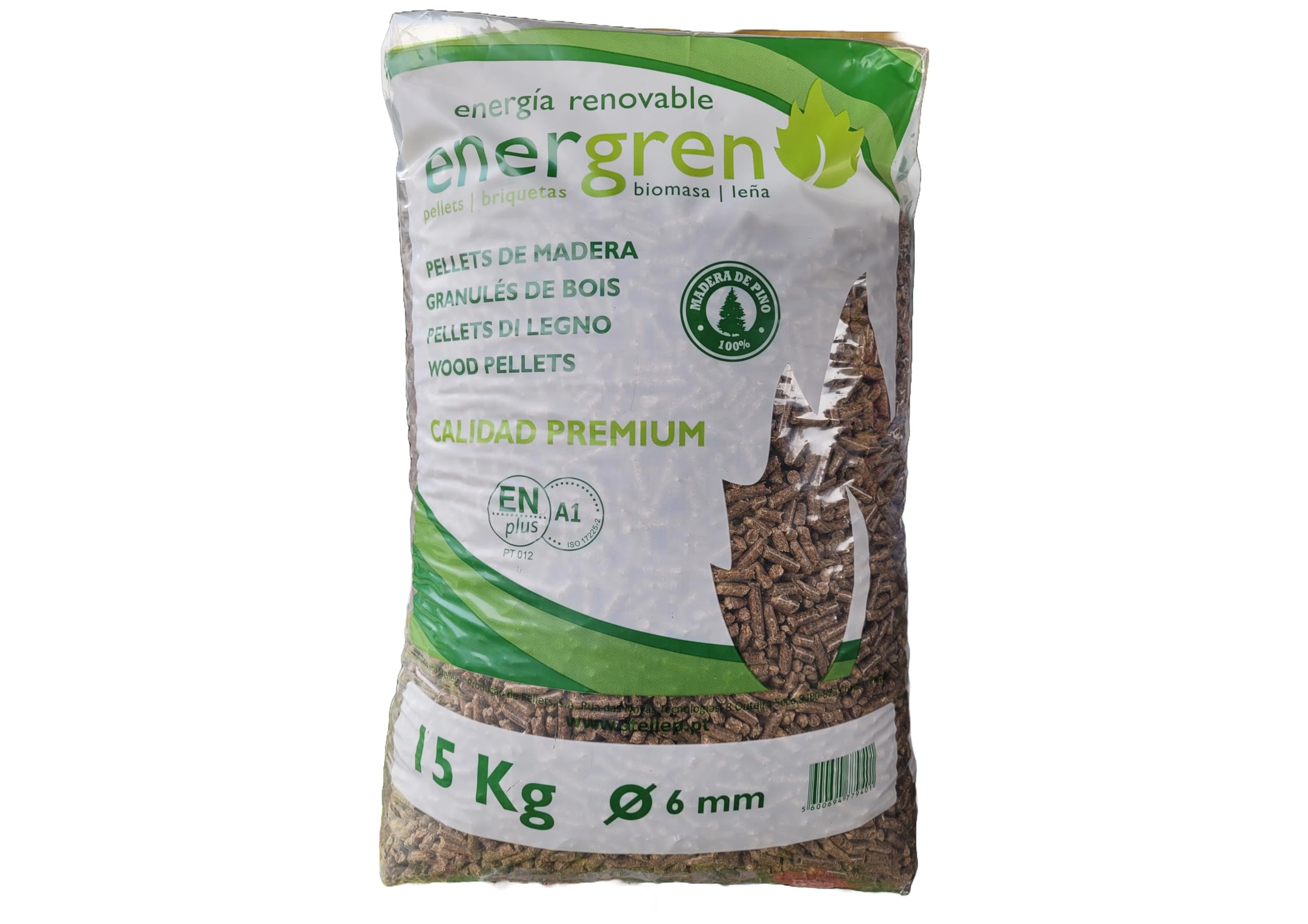 Saco de pellets de Madera 15kg. Certificado ENplus y Calidad A1. Ideal para chimeneas, Estufas o barbacoas. Diametro 6 mm. 100% Madera de Pino.