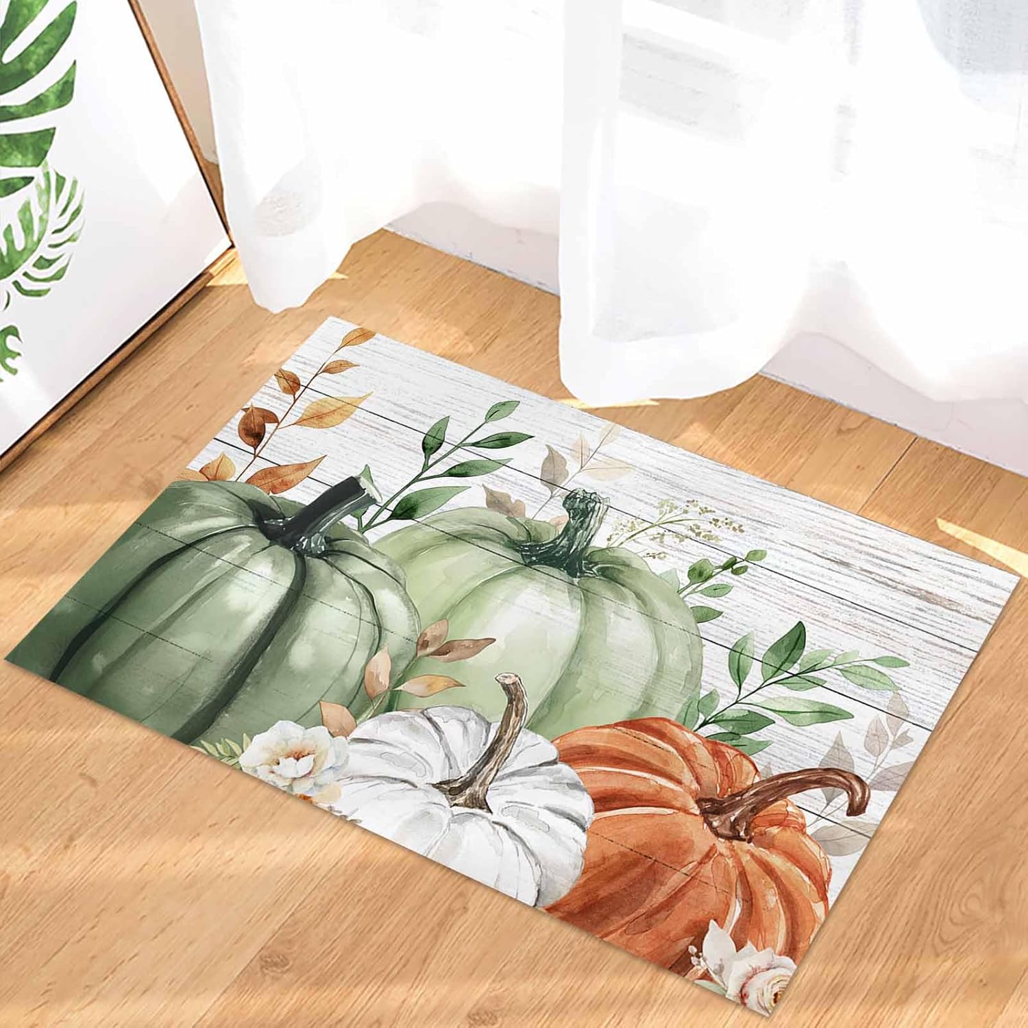 Flannel Doormat-Sage Green Pumpkin Front Door Mat, Fall Leaf Flower Wooden Grain, 16x24,Non-Slip Decorative Indoor mat Grips Tight elevates Decor is Easy to Clean