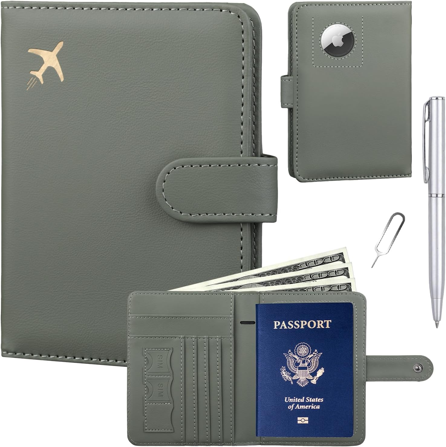 GOAUS Passport Holder for Travel with Airtag Card Slots, Money Pocket, Women Men RFID Blocking Wallet Book Case Green Thumbnail