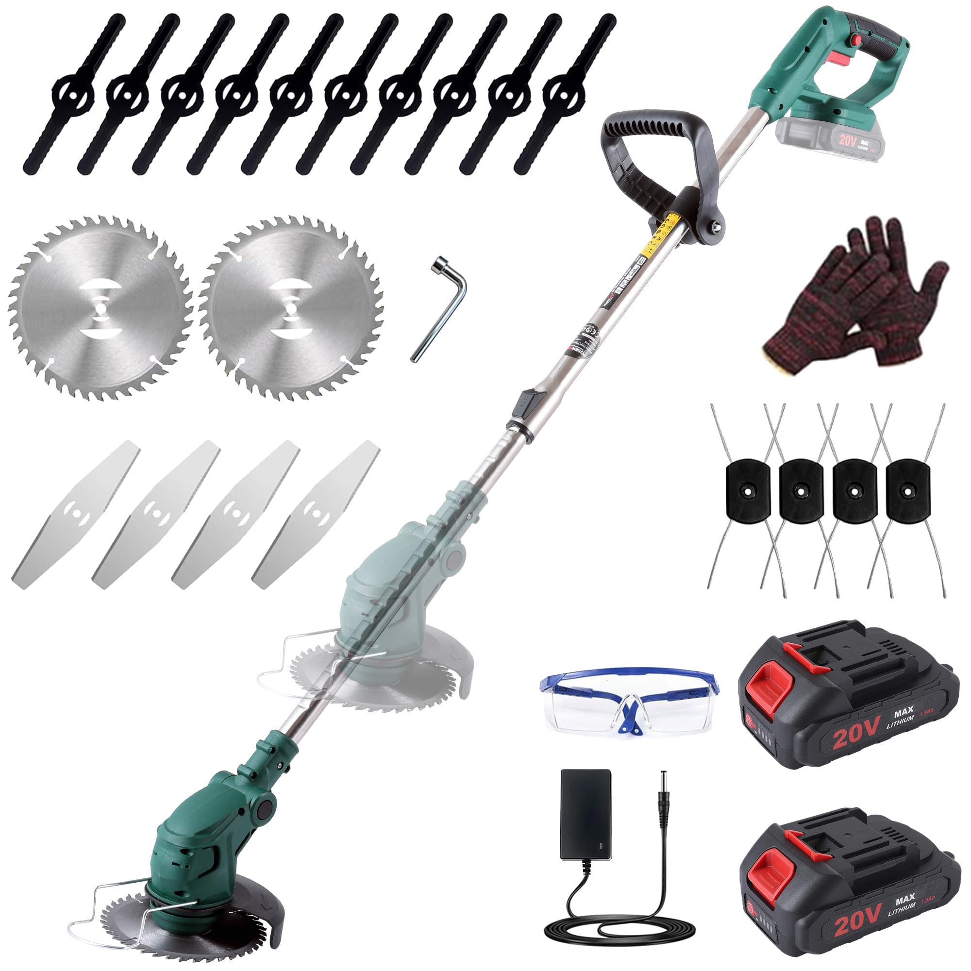 POSENPRO Desbrozadora a batería, Desbrozadora Electrica 20V, Cortacésped de batería inalámbrico, Equipada con 2 baterías y 4 Cuchillas, Mango Telescópico 86-122 cm