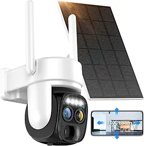 Hawkray Solar Security Wireless Outdoor Camera Dual-Lens,10X Zoom,2K Resolution 360° Pan Tilt Control,Two-Way Audio with Spotlight Siren PIR Motion Detection asin的图片