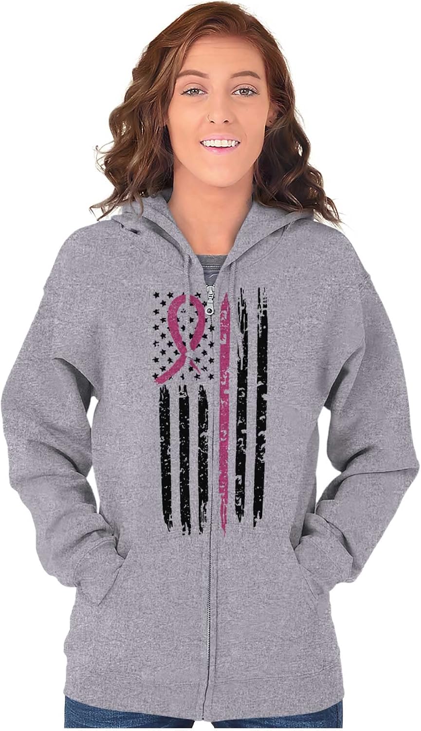 Breast Cancer Pink Line American Flag Zip Up Hoodie Mens Womens