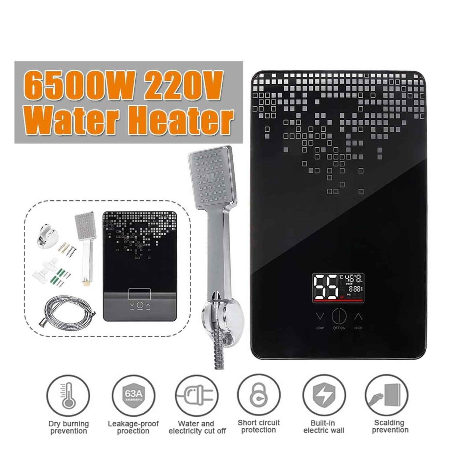 Elektryczny podgrzewacz wody przepływowy, 6500W Elektryczny Podgrzewacz Wody Łazienka Prysznic Wielofunkcyjny Gospodarstwa Domowego Natychmiastowy Bezzbiornikowy Wyświetlacz Temperatury Bojler Ciepłej