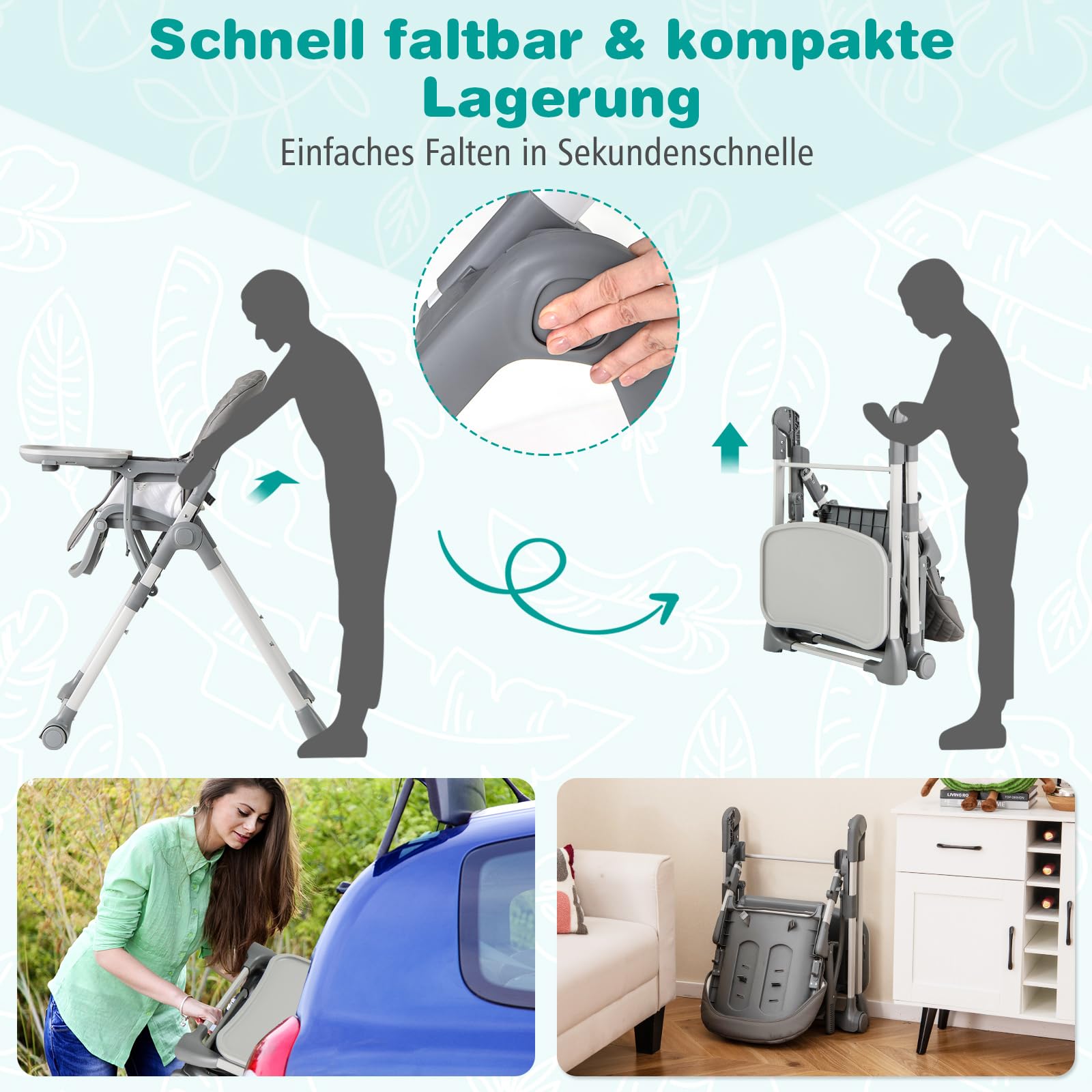 COSTWAY Krzesełko do karmienia dla niemowląt, składane, z funkcją leżenia i regulowanymi wysokościami, mobilne krzesło dla niemowląt ze zdejmowaną tacą i pasem bezpieczeństwa, kombinowane krzesełko