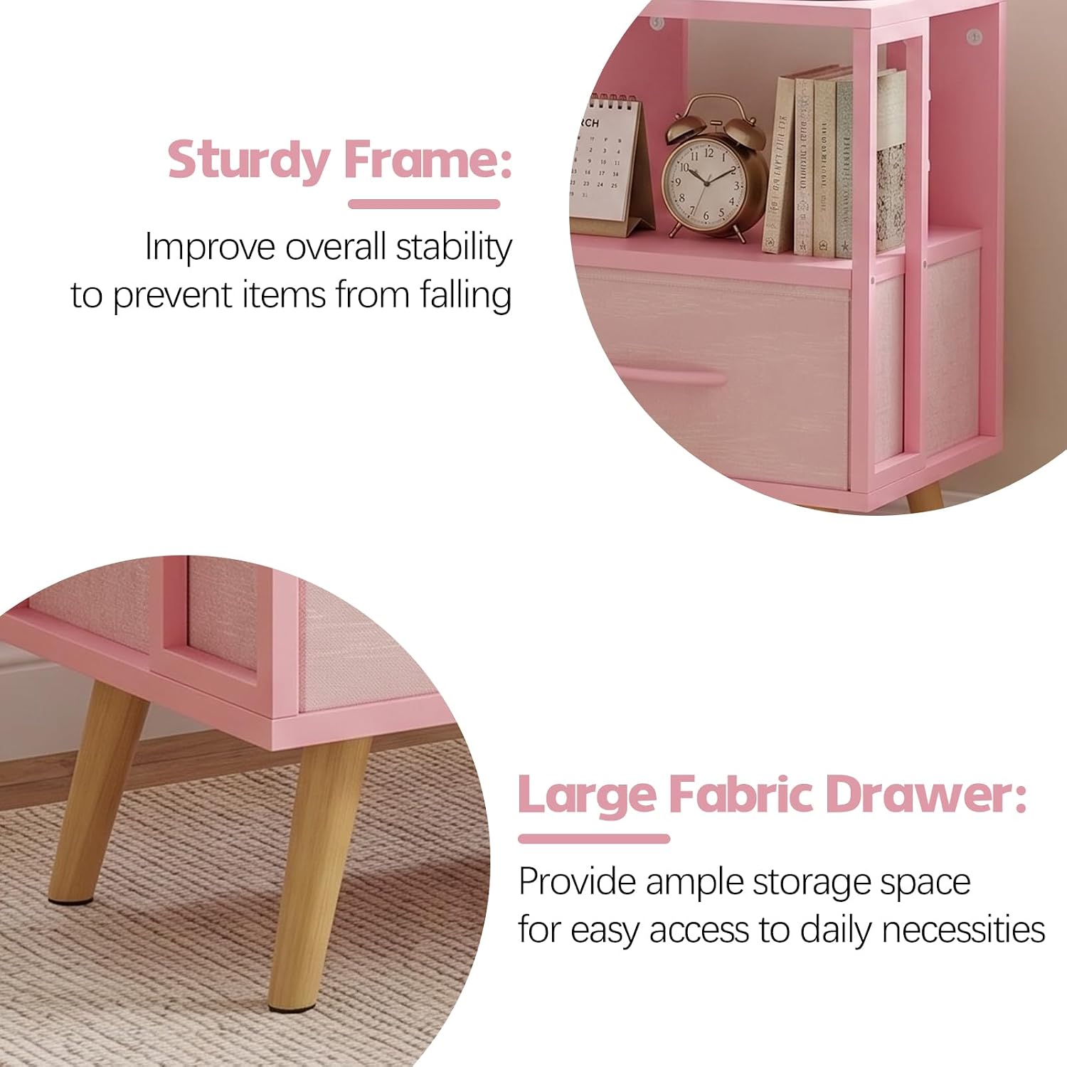 Aenuert Kids Night Stand, 2-Tier Pink Nightstand with Drawer and Metal Frame