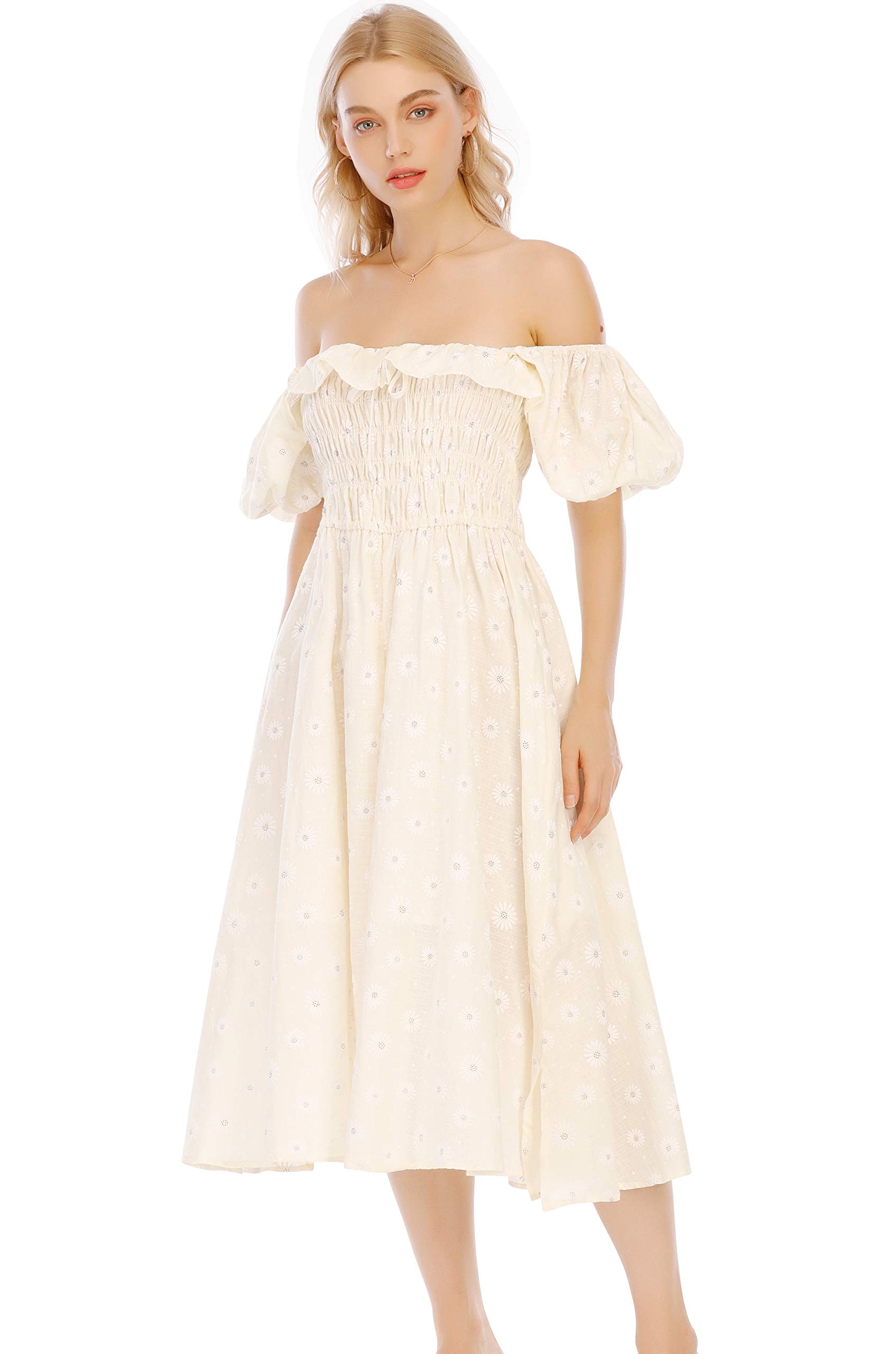 R.VivimosWomens Summer Floral Print Puff Sleeves Vintage Ruffles Midi Dress