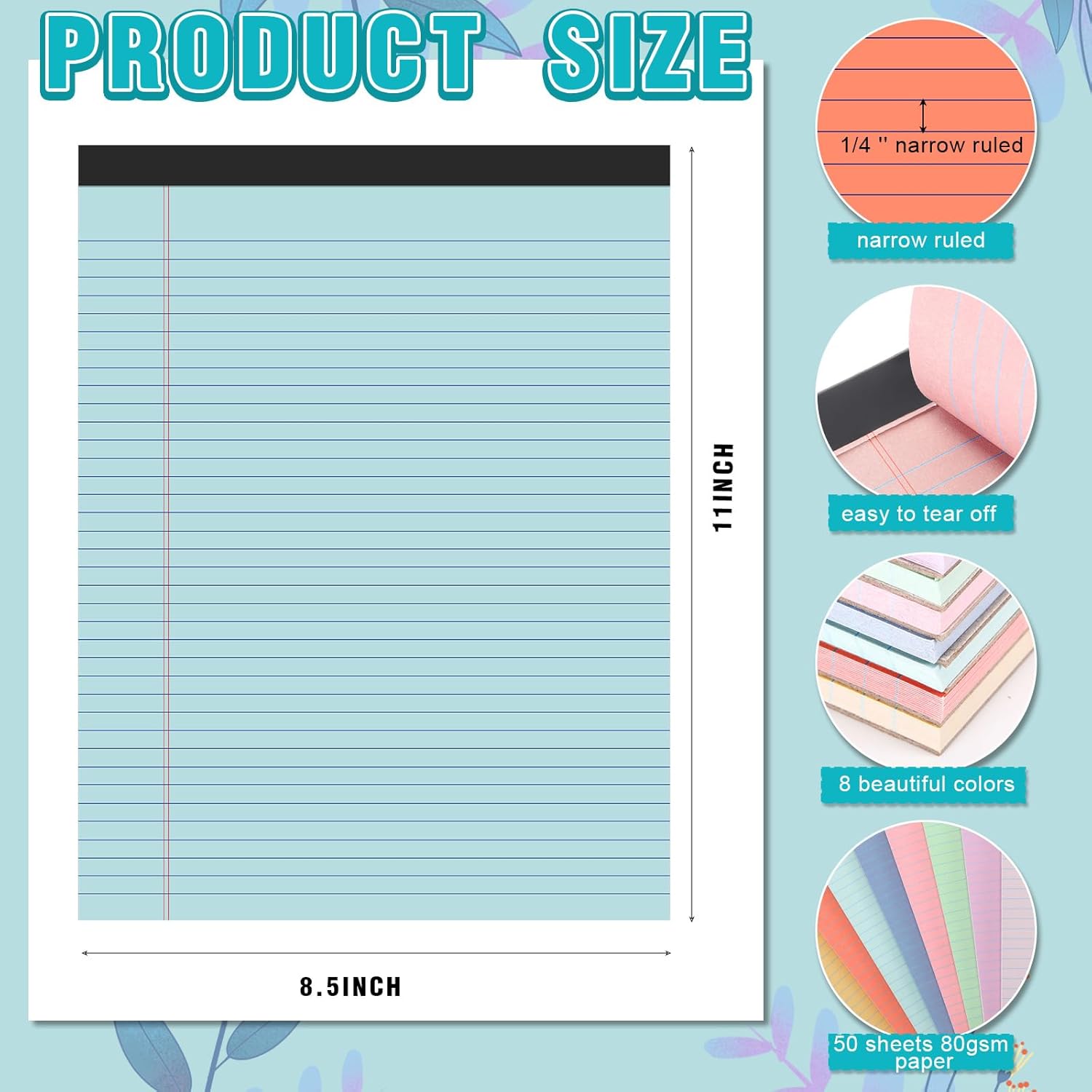 Fuutreo 8 Pcs 8.5'' x 11'' Colored Legal Pad 50 Sheets Per Writing Pads Narrow Ruled Notepad Perforated Writing Notepad Office Supplies for College Office Business (Candy Color) - Image 2
