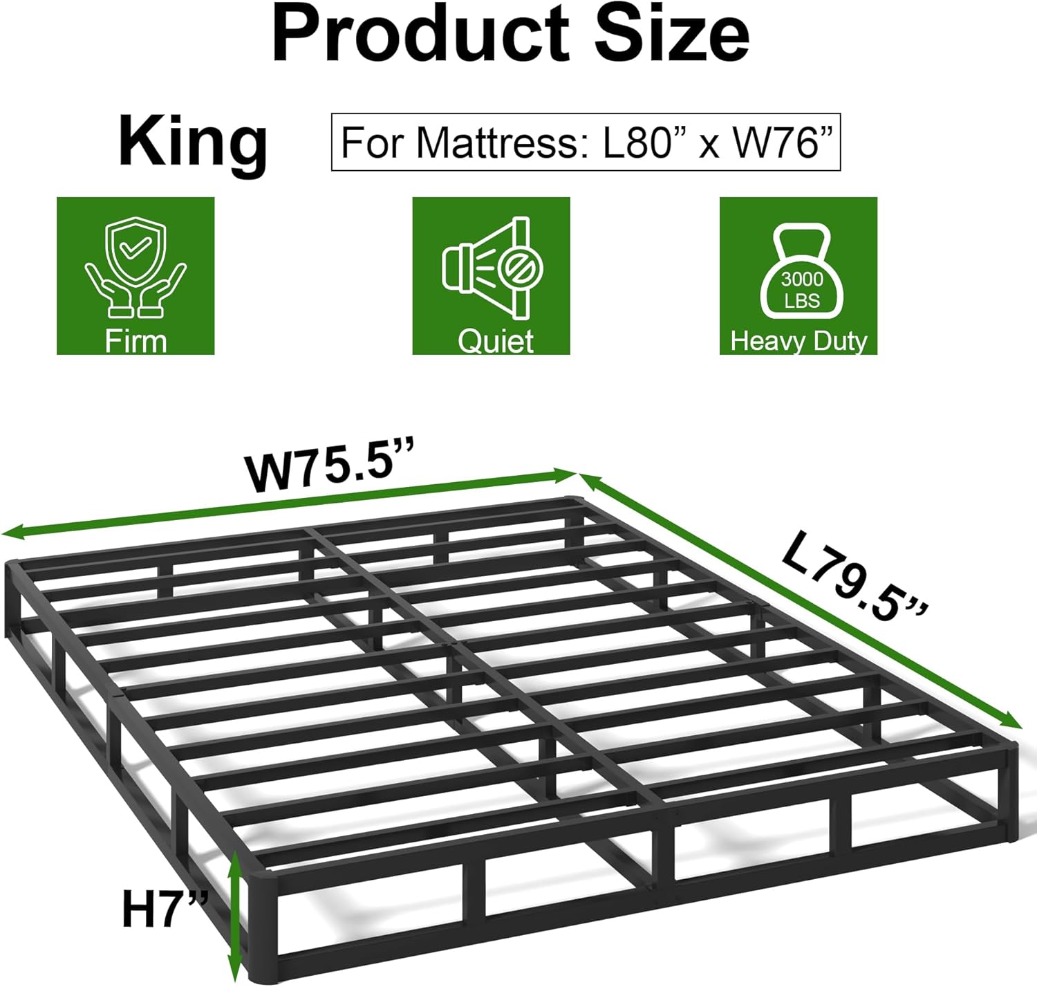 King Box Spring Bed Base 7 Inch High, 3000 LBS Heavy Duty Metal Mattress Foundation with Fabric Cover, Easy Assembly, Quiet Noise Free, Non Slip