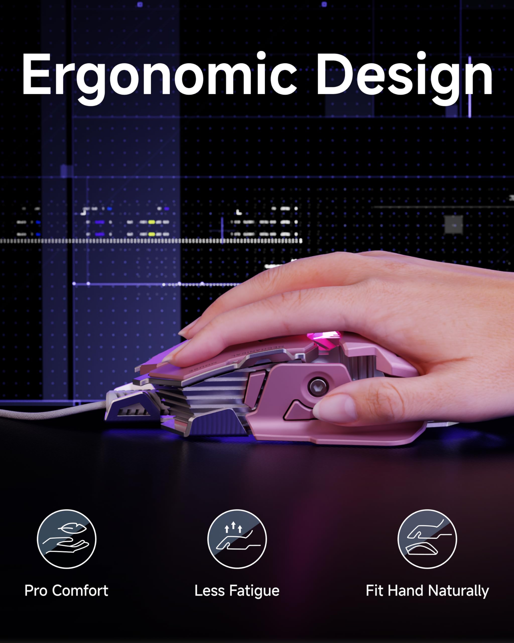 SEUNKWANG EWEADN G5 Mouse da gioco cablato, mouse ergonomico RGB per computer, DPI regolabile 12800, 9 pulsanti macro programmabili con tasto Rapid Fire, compatibile per PC/laptop/Windows, rosa