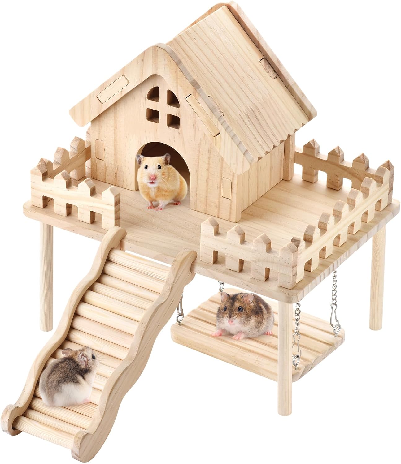 Hamster Wooden House with Platform,Ramp & Swing - Natural Wood Play Set forSyrian Dwarf Hamsters, Gerbils, Mice,Small Animals Cage Accessories