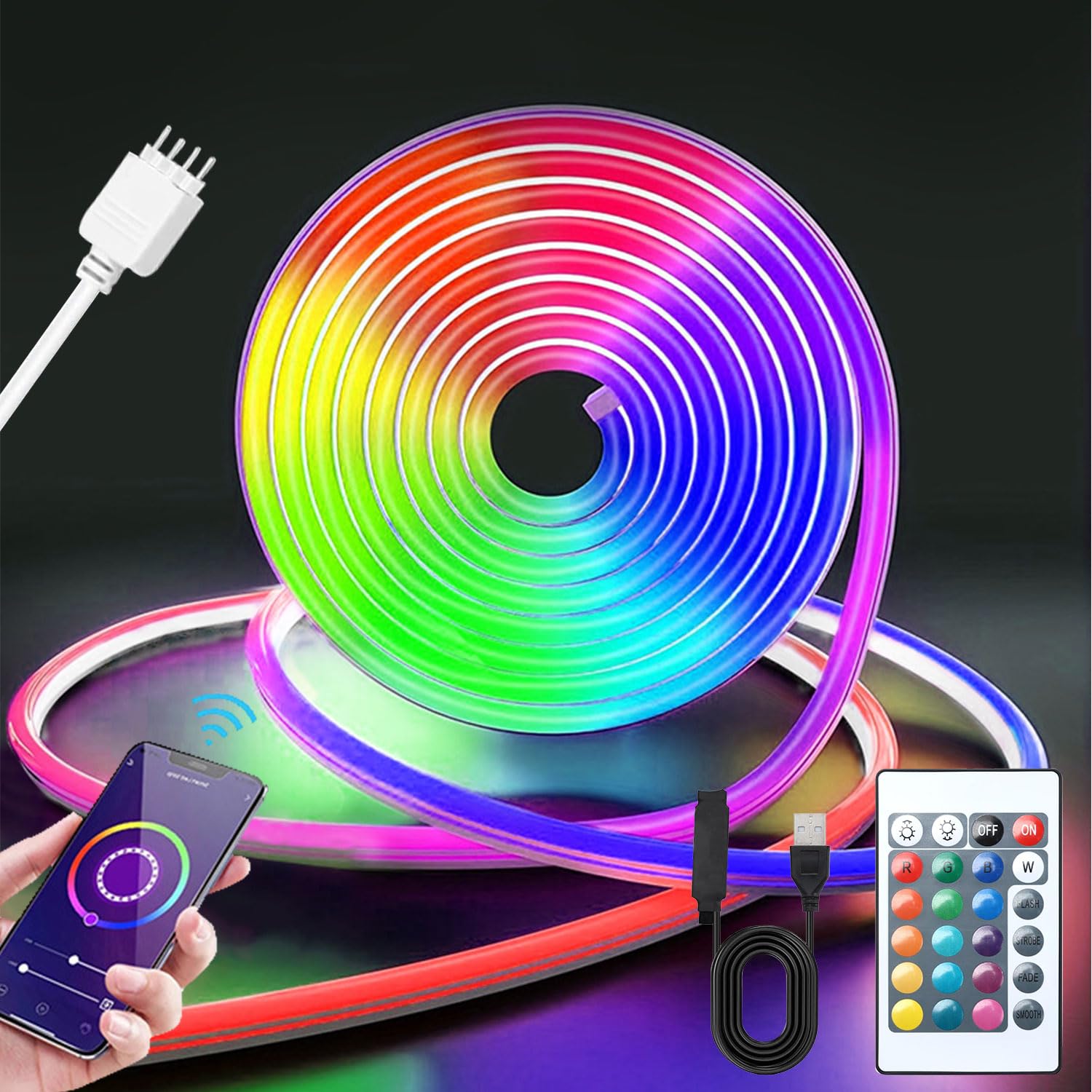 RGB Neon LED Strip 2M Smart RGB LED Strip with APP Remote Control DIY Flexible LED Tape with Remote Control and Power Supply Silicone Strip Light for Indoor and