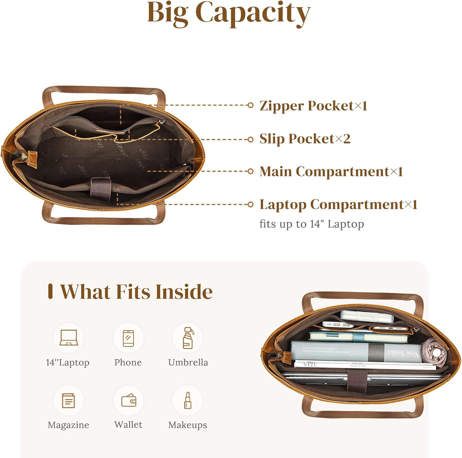 S-ZONE Genuine Leather Tote Bag for Women Work Shoulder Crossbody Purses Handbag with Outside Pockets - Image 5