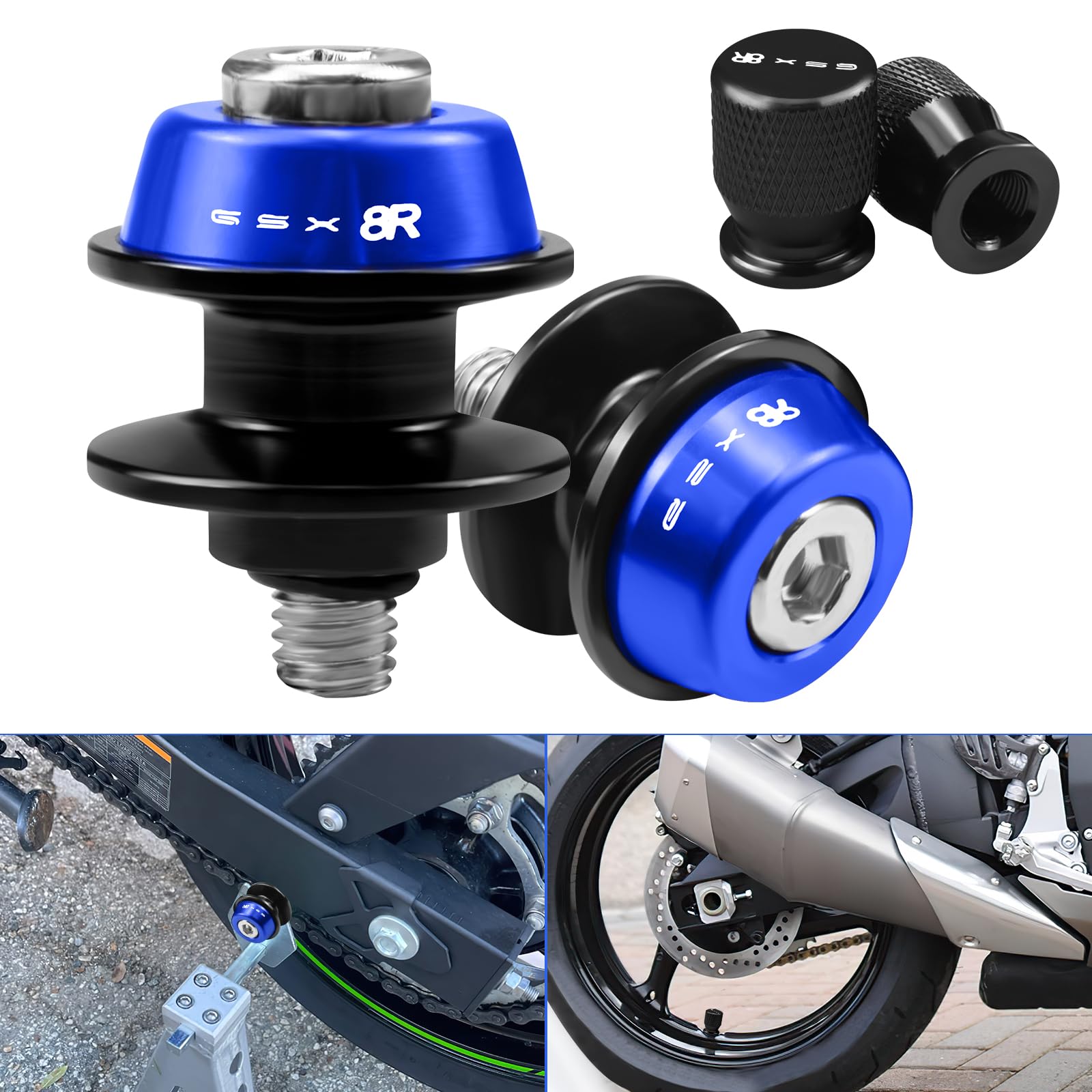 2 Pièces Bobines De Bras Oscillant Moto& 2 Pièces Capuchon de valve de pneu de moto, CNC Aluminium Bobines Bras Oscillant Support pour GSX-8R GSX8R GSX 8R 2024(Blue)