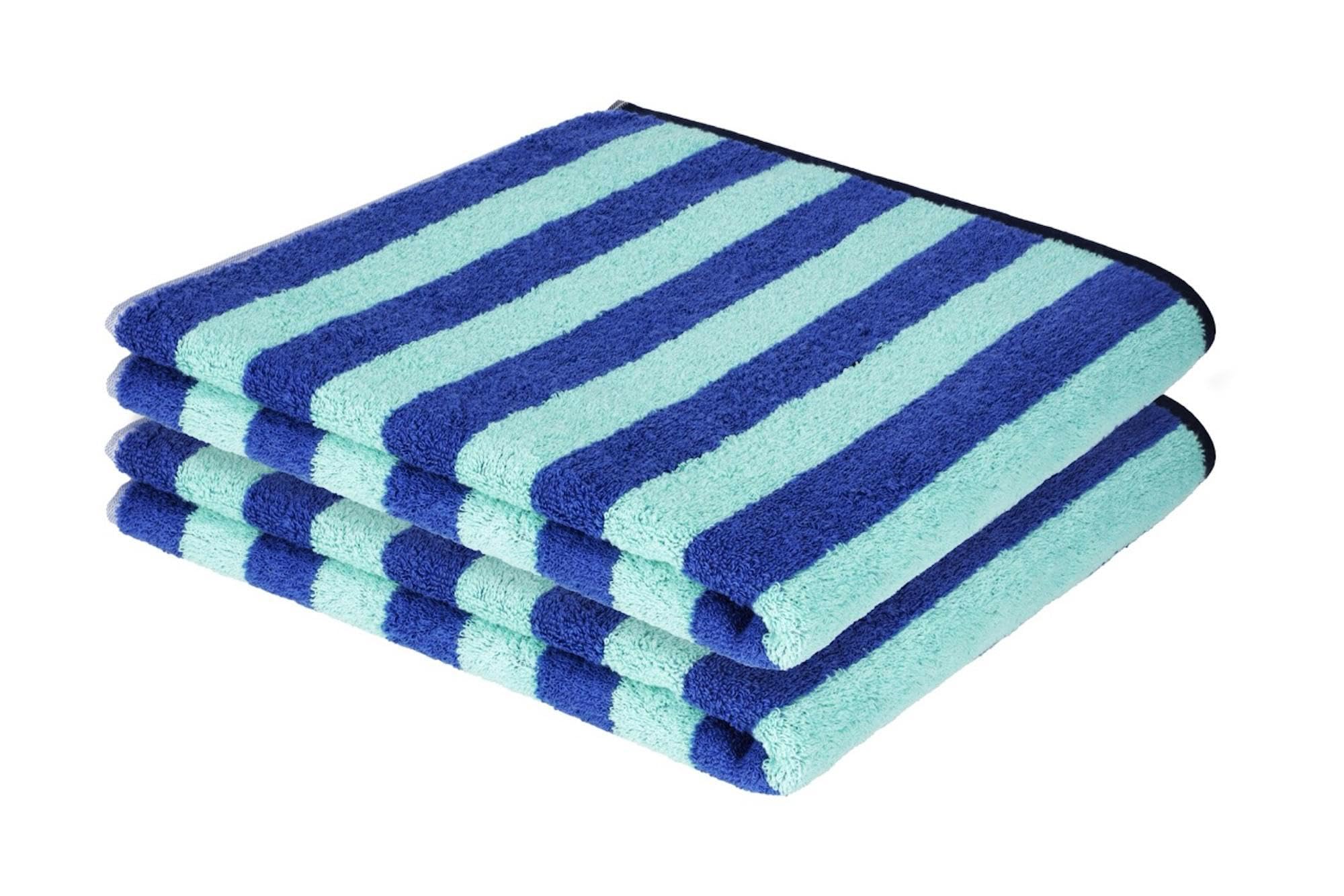 herzbach home Good Vibes - Set di 2 asciugamani da doccia, 70 x 140 cm, grandi, morbidi e assorbenti, design a righe, 100% cotone finissimo (turchese/blu)