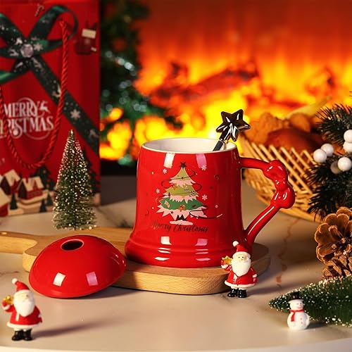 Miniatura 8 de Tazas navideñas para árbol de Navidad con cuchara y tapa, tazas de Navidad de cerámica, tazas de café de Navidad festivas, vasos de invierno para