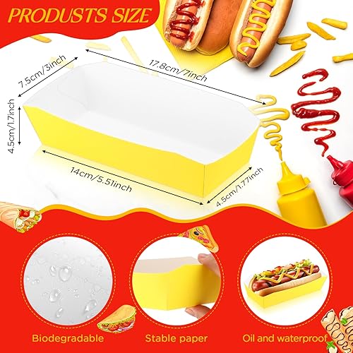 Miniatura 2 de Yeaqee 100 bandejas de papel de 7 pulgadas desechables para perros calientes, alimentos, nachos, botes para perritos calientes, platos para perros