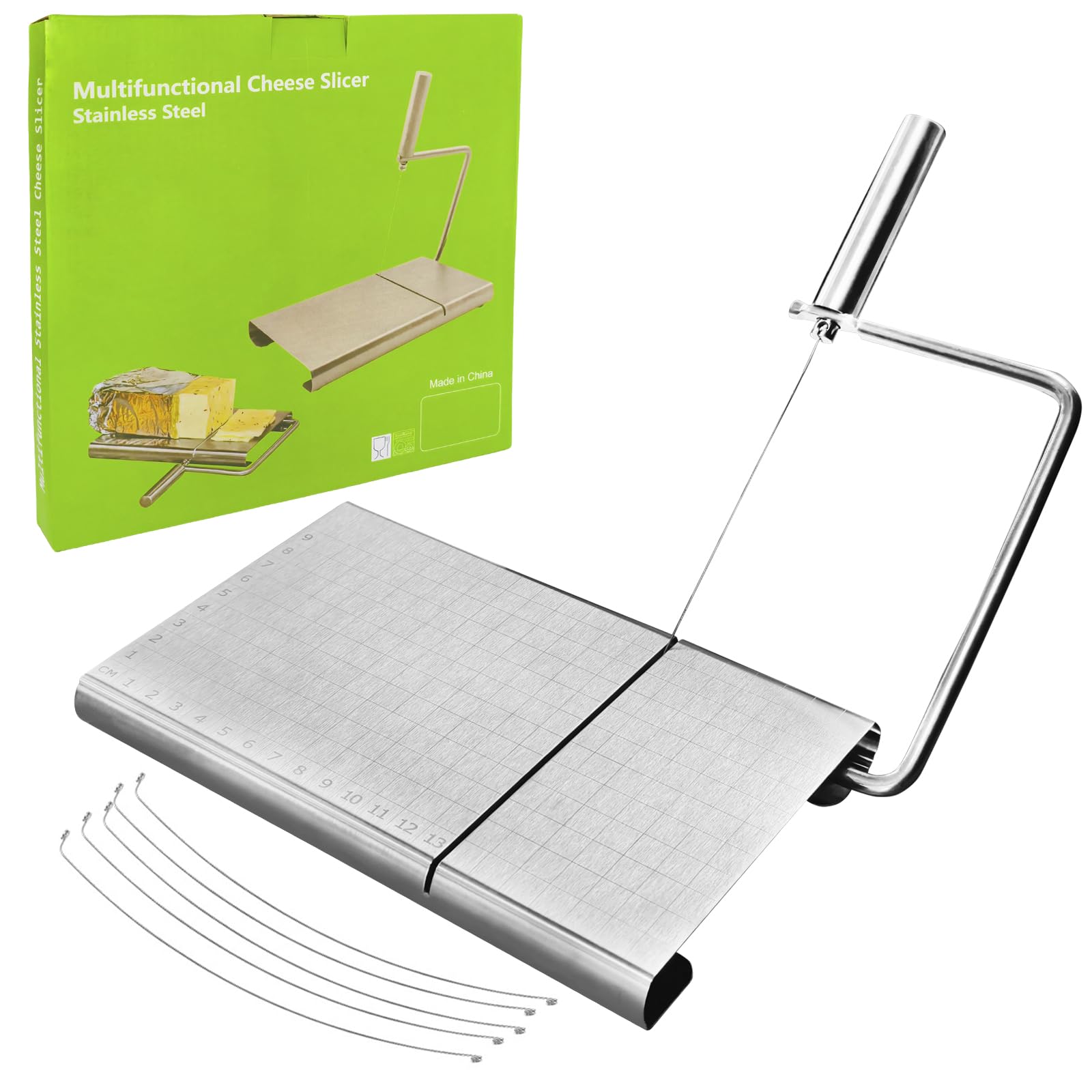 Photo 1 of ***FOR PARTS MISSING ASSEMBLY PIECES*** CYINGWIN Cheese Slicer with Cutting Board and Measuring Grid, Adjustable Stainless Steel Wire Cheese Cutter for Block Cheese, Includes 5 Replacement Wires, Easy to Clean and Use