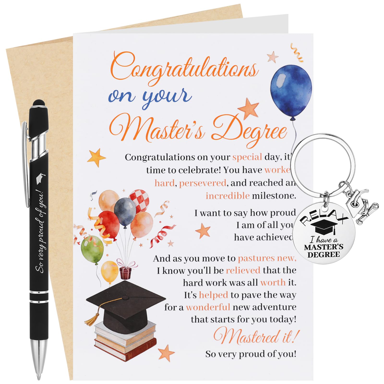 Masters Graduation Card 2026 Mastered it, Creative Gift Set Includes Class of 2026 Keyring, Pen with Envelope, So Proud of You, Congratulations University Presents for Her, Him, Friends