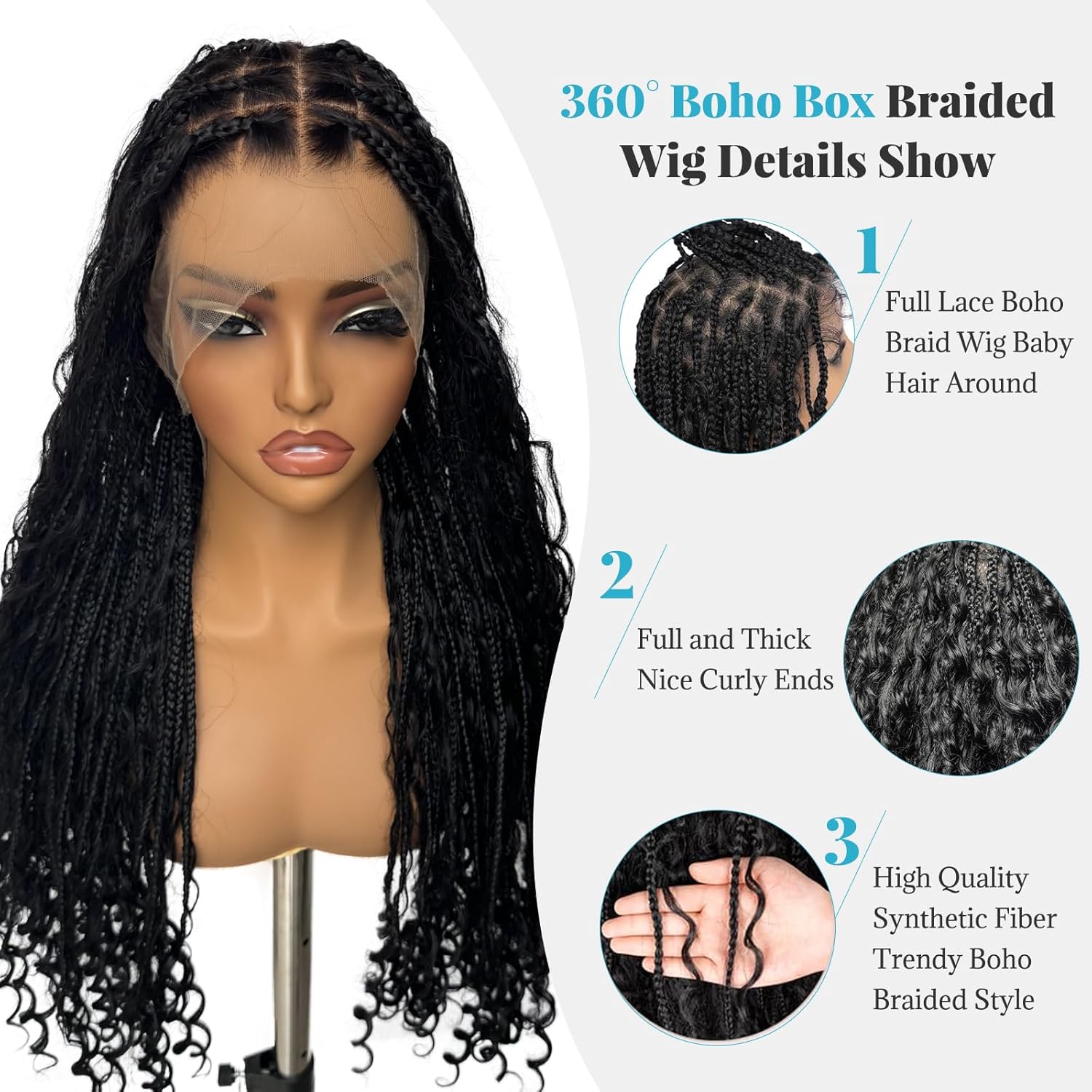Smartinnov Hair Full Lace Boho Braided Wigs 26 Inches 200% Density Human Hair Blended Synthetic Braids Flexi-Fit Invisi Drawstring Cap Bohemia Box Curls Pre Cut HD Transparent Lace Plucked for Women