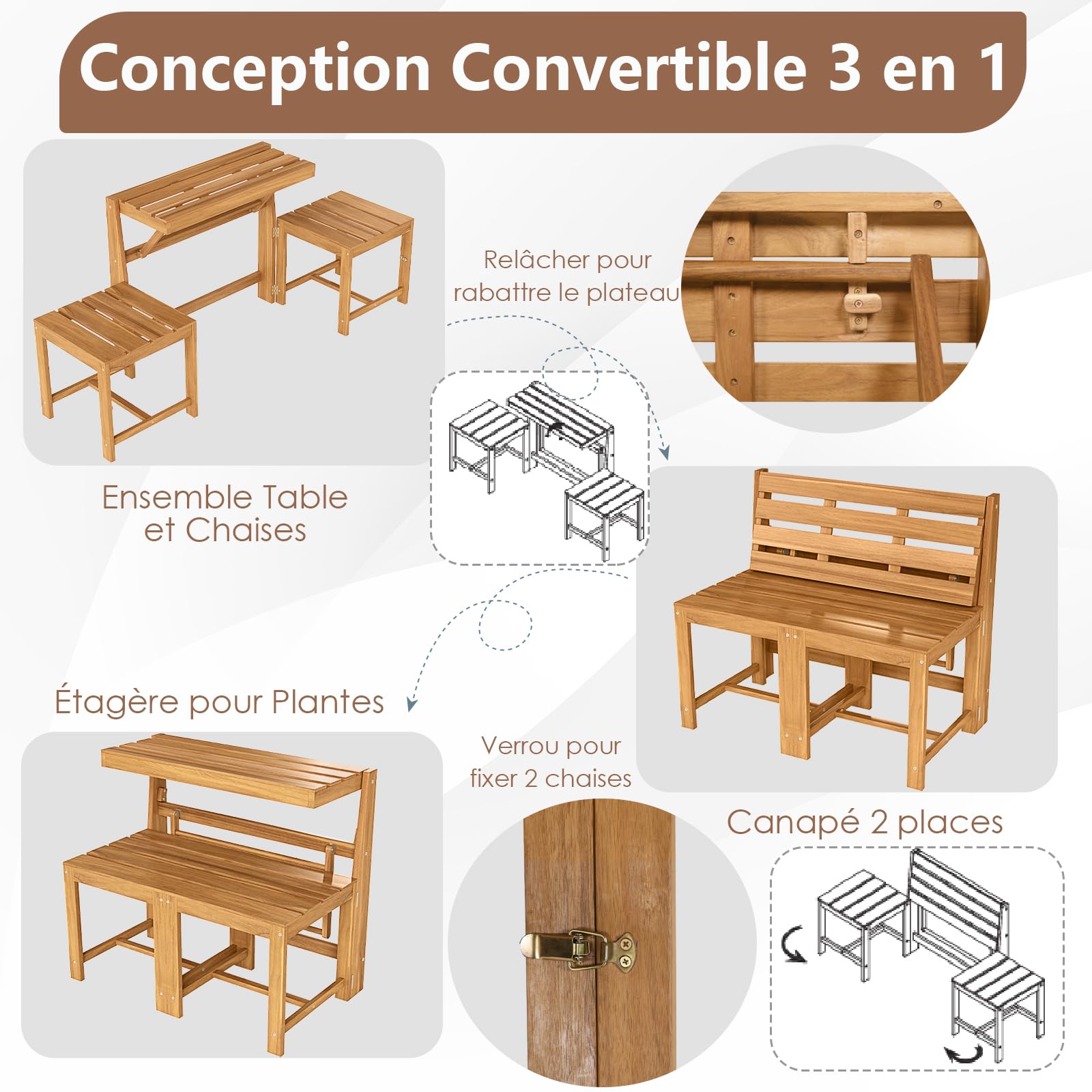 COSTWAY Salon de Jardin 3 en 1 Banc 2 Places Table Rectangulaire Chaises Extérieur Bois d'Acacia Dossiers Inclinés Siège à Lattes