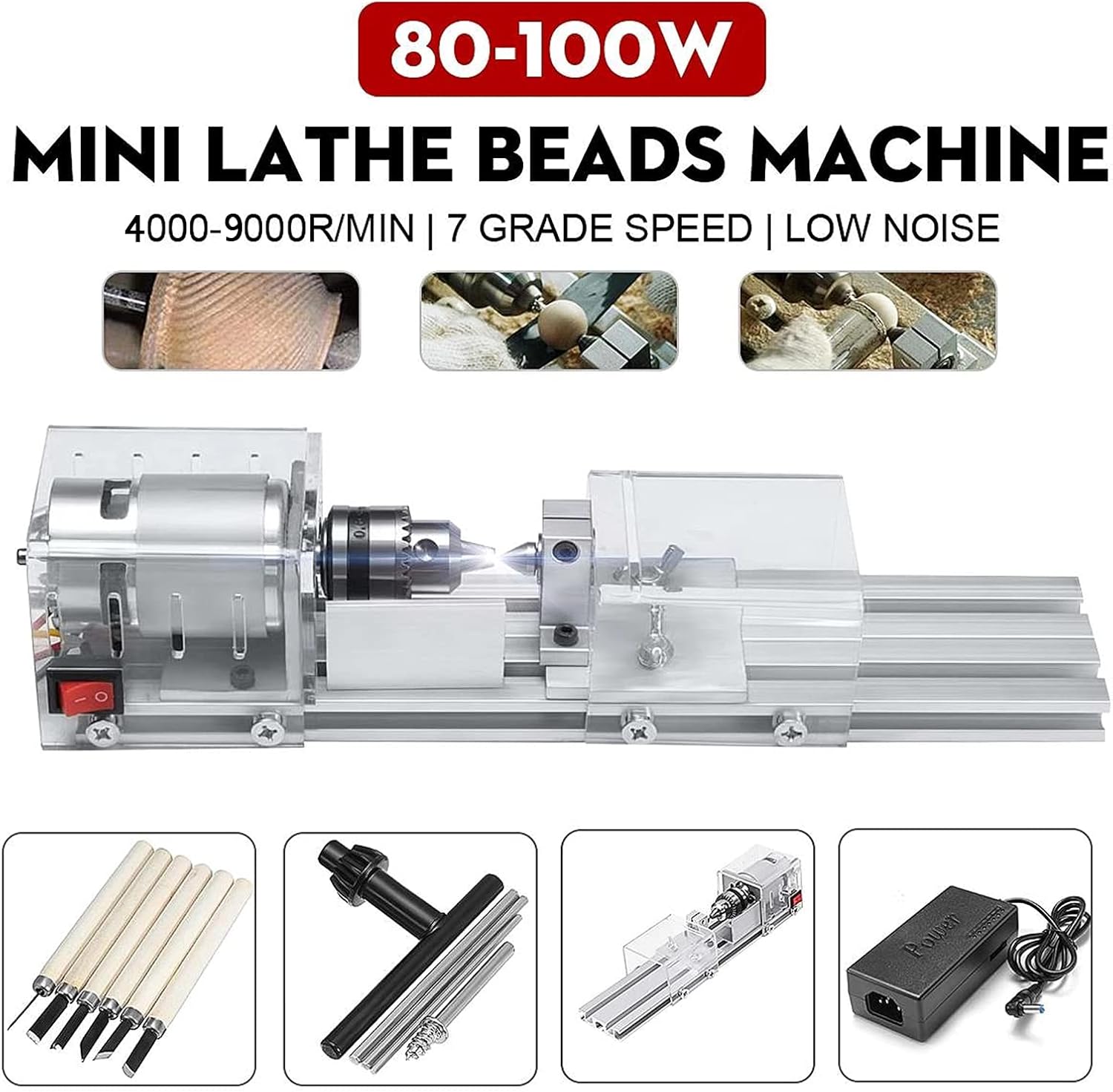 Mini Lathe Beads Polisher Machine,DIY CNC Machining for Table Woodworking Wood DIY Tool Lathe Standard Set DC 12V-24V 100W Power Wood Tool Lathe Set