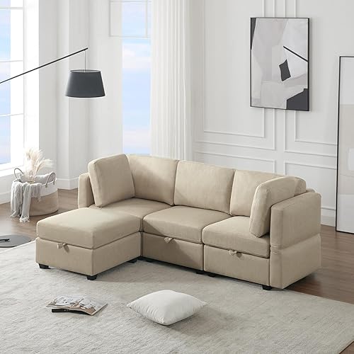 L-Shaped Convertible Sectional Sofa in Beige, Modular Chaise, Storage Seats,