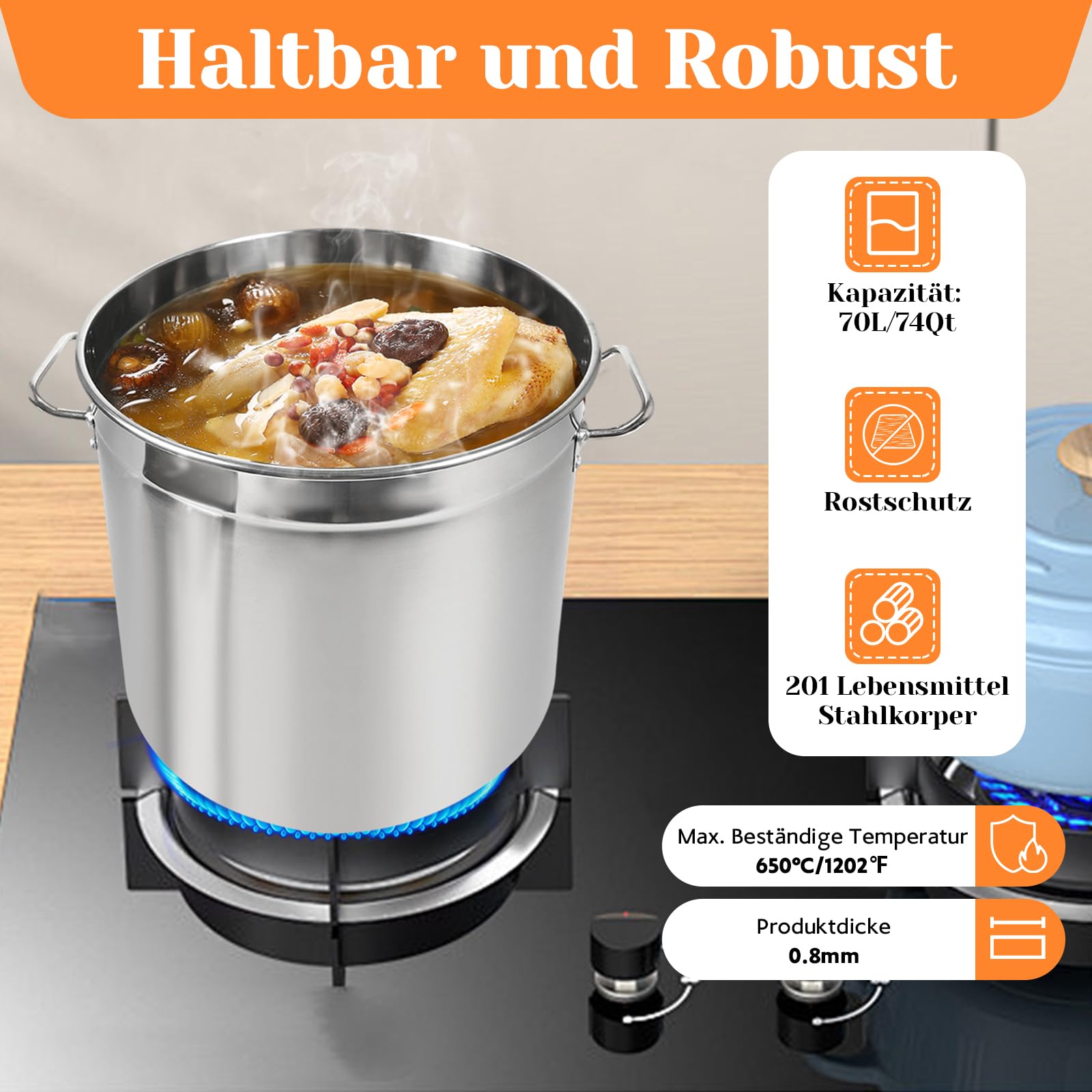 70L Edelstahl Kochtopf, 45cm Großr Suppentopf Induktion Einkochtopf Topf mit Deckel, Kochtöpfe Hoch Großraumtopf Gemüsetopf zum Schmoren, Braten und Warmhalten