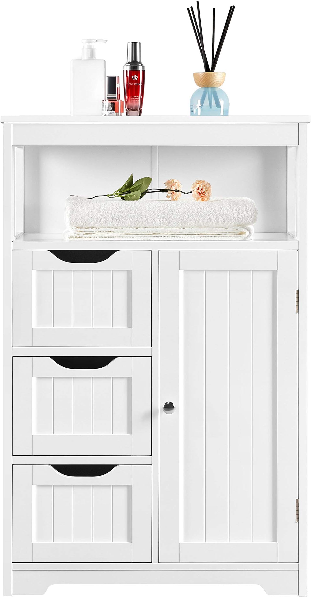 Yaheetech Bathroom Storage Units with Open Storage Shelf Free-standing Floor Cabinets Sideboard with 3 Drawers and 1 Door, Adjustable Shelf for Living Room Kitchen Entryway White