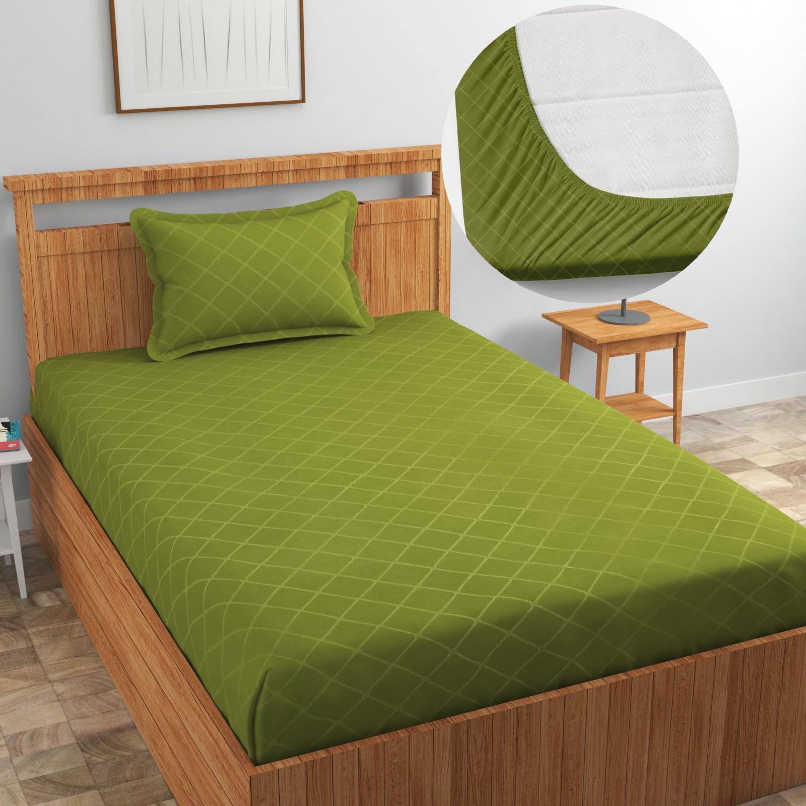 Blue Strip 220TC Glace Cotton Elastic Fitted Floral Bedsheets Single Bed with 1 Pillow Cover | Single Bed with All Around Elastic, Size 42 X 75 Inches (Green BURFI), Small_Single