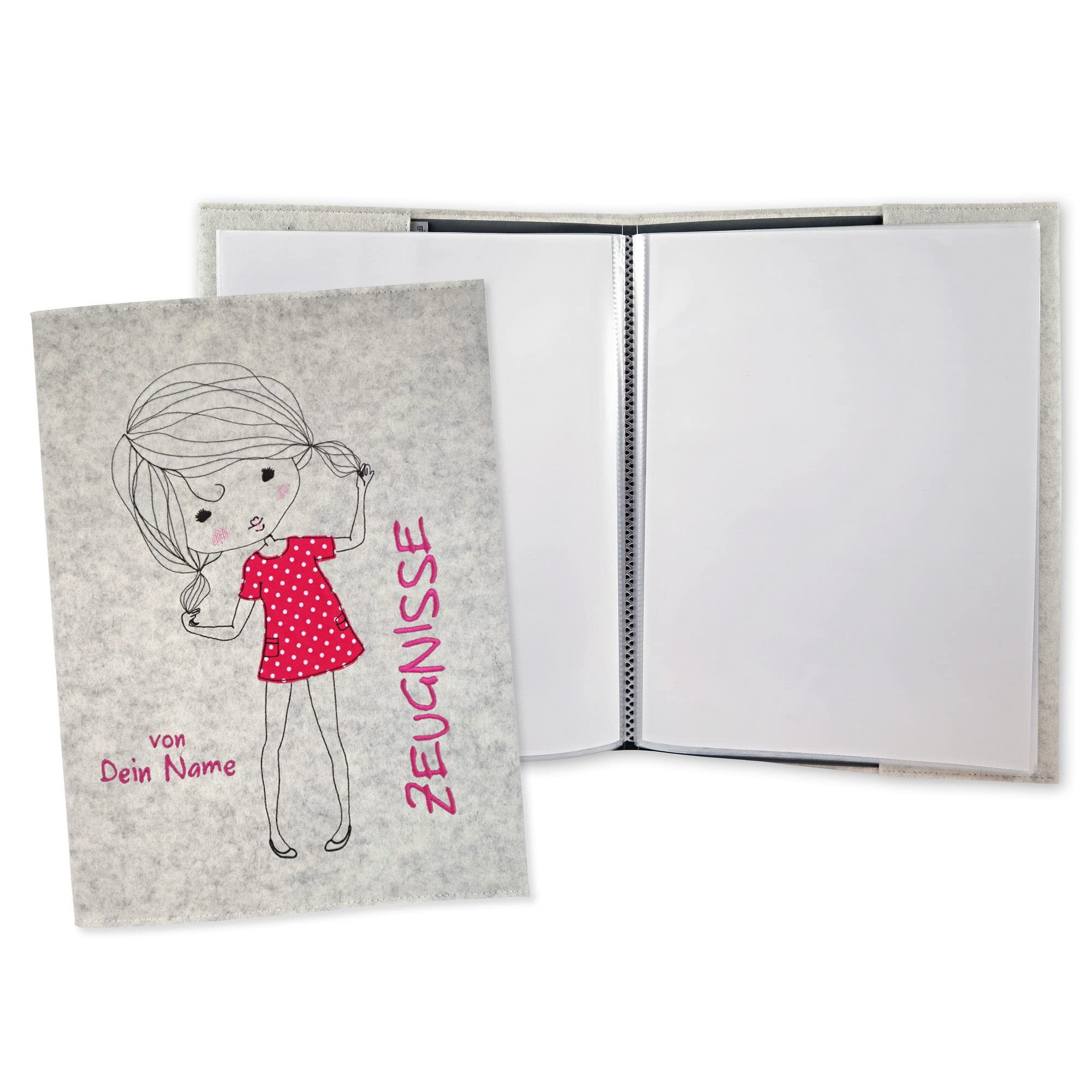 Zeugnismappe Süßes Mädchen weiß personalisiert mit Namen 100% Wollfilzumschlag und Sichtbuch DIN A4 mit 20 Hüllen