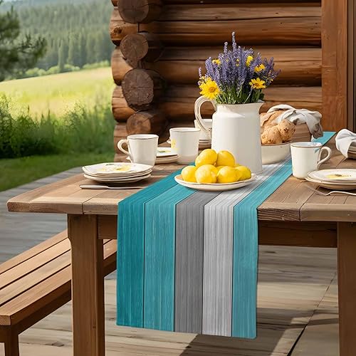 Miniatura 151 de Camino de mesa de algodón y lino estilo granja rústico retro, textura de madera de granero, color degradado marrón y gris, antideslizante,