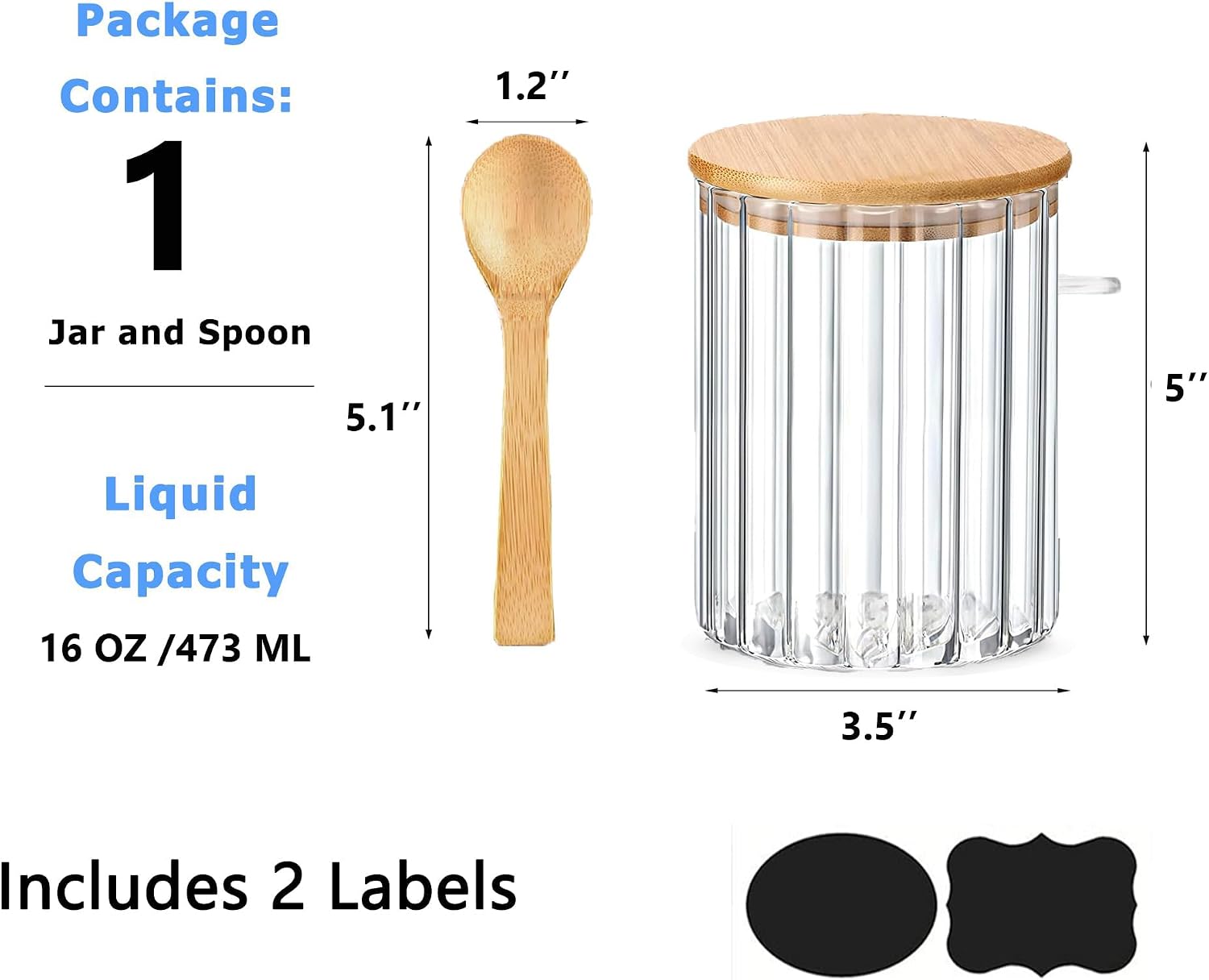 Glass Jar Sugar Container with Bamboo Spoons Lids, 16 fl.oz Sugar Bowl