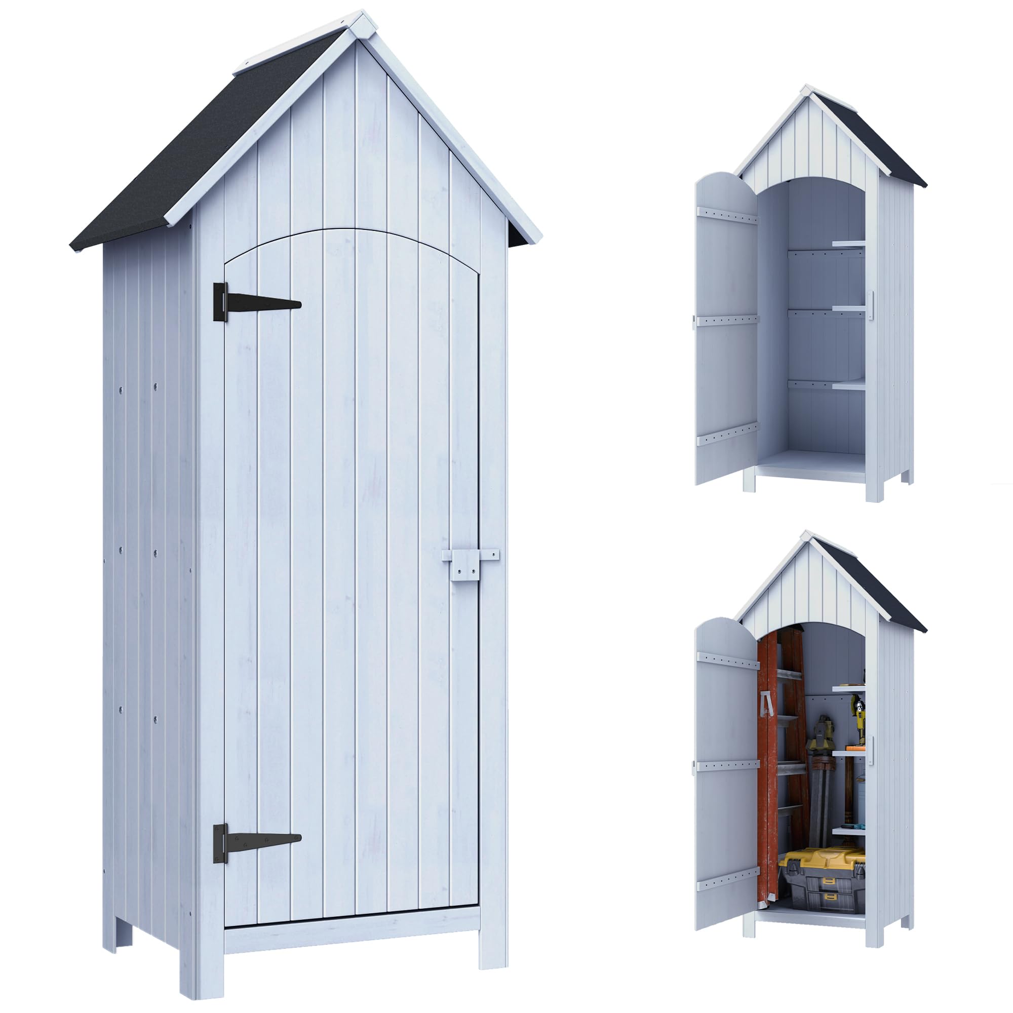 Outsunny Caseta de jardín de Madera con Techo asfaltado y 3 estantes para Almacenamiento Exterior para terraza, 77,5x54,2x179,5 cm, Color Blanco