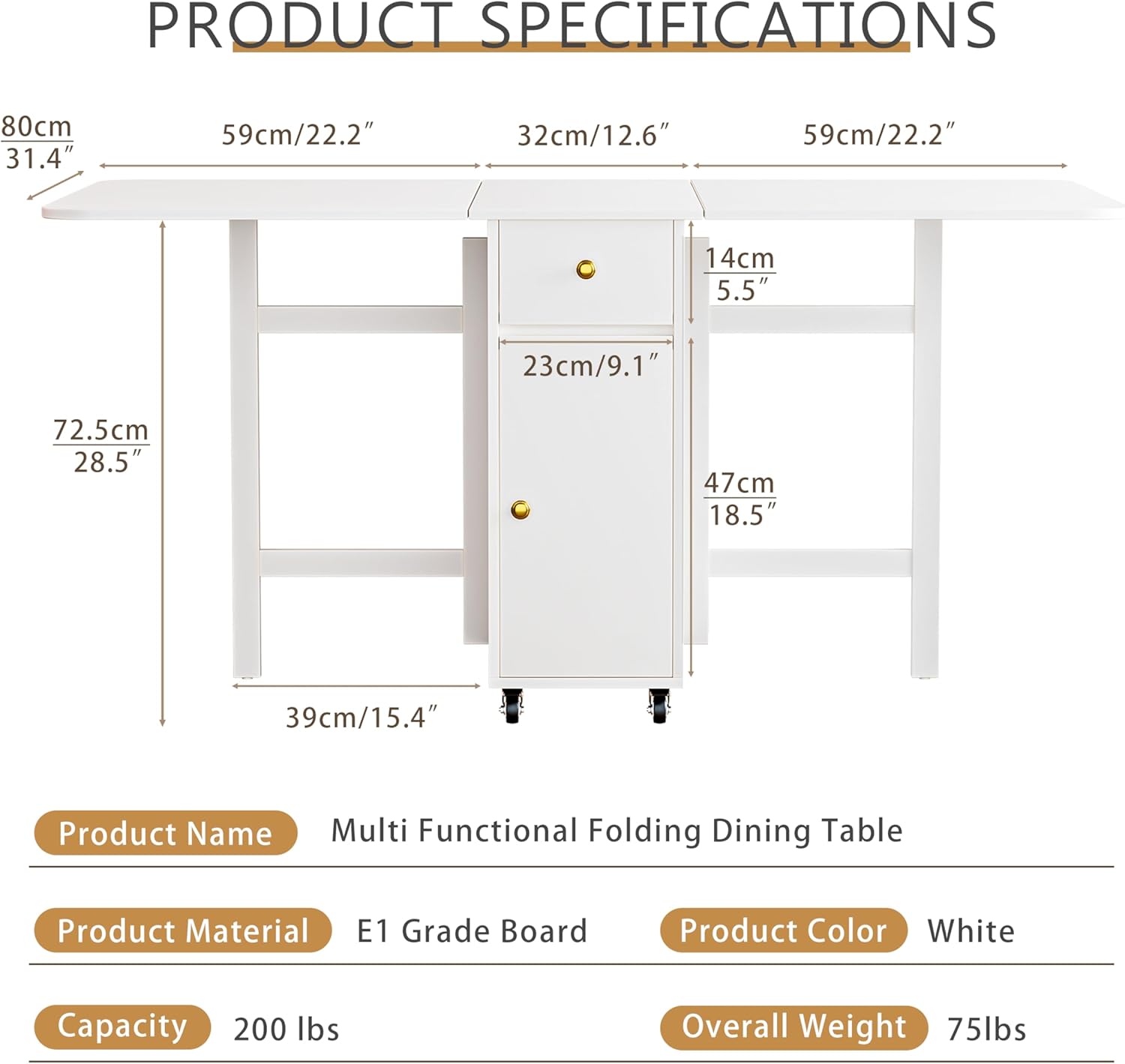 No Assembly Required, 58.9'' Foldable Dining Table for Small Space, Rectangular Wood Folding Extendable Kitchen Table with Drop Leaves (White)