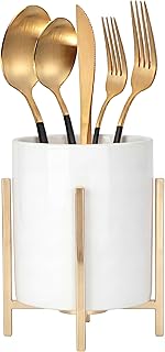 Ceramic Spoon Holder, Silverware Holder For Countertop, Sturdy Cutlery Holder, Gold Utensil Holder for Kitchen Countertop, White Ceramic Cup with Gold Metal Bracket, 1 Pcs