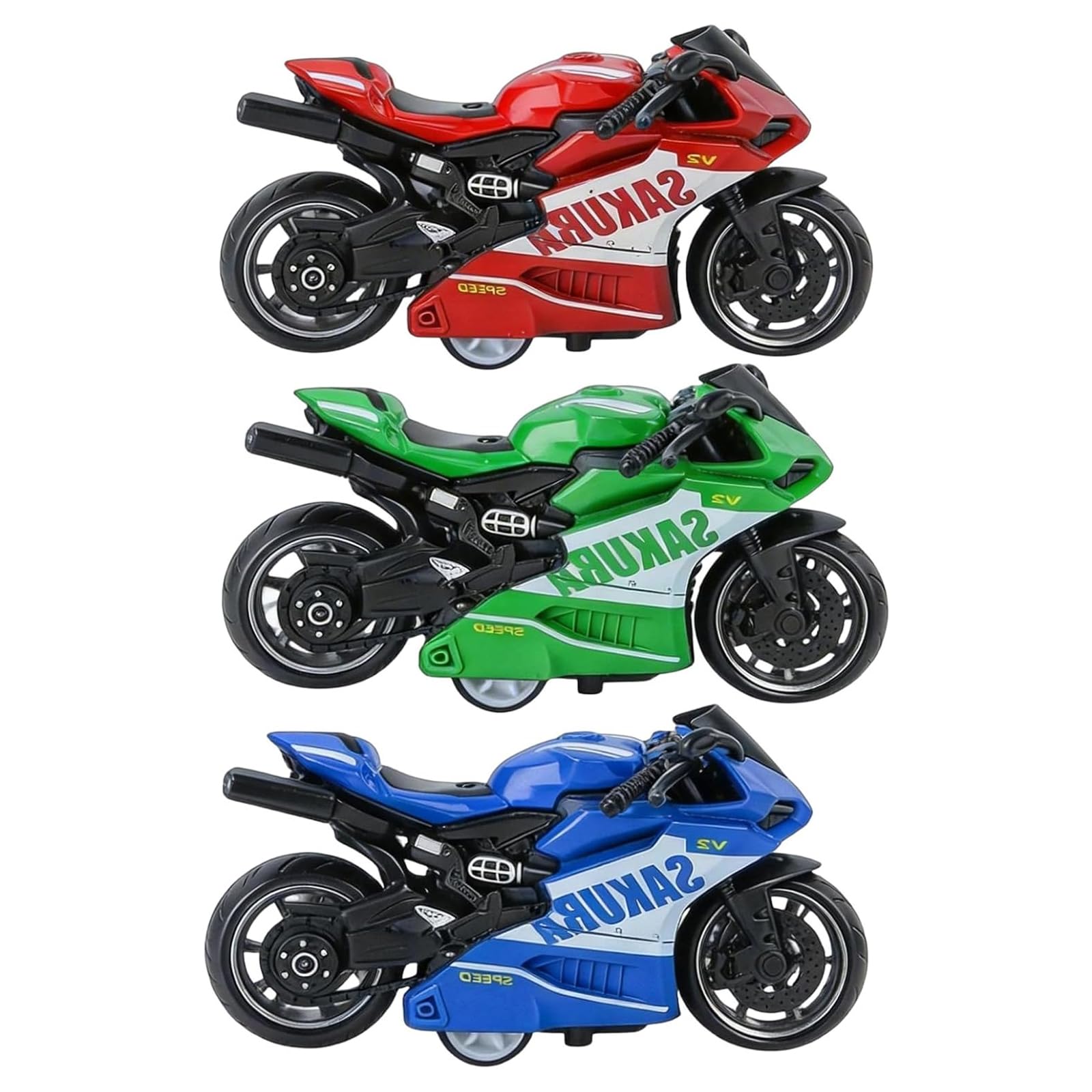 ZPSCXQ Motorbike Toy Set with Pull-Back Action, Mini Motorbike Collection for Racing Games and Display Decor, Three Colour Assortment in Red Blue Green