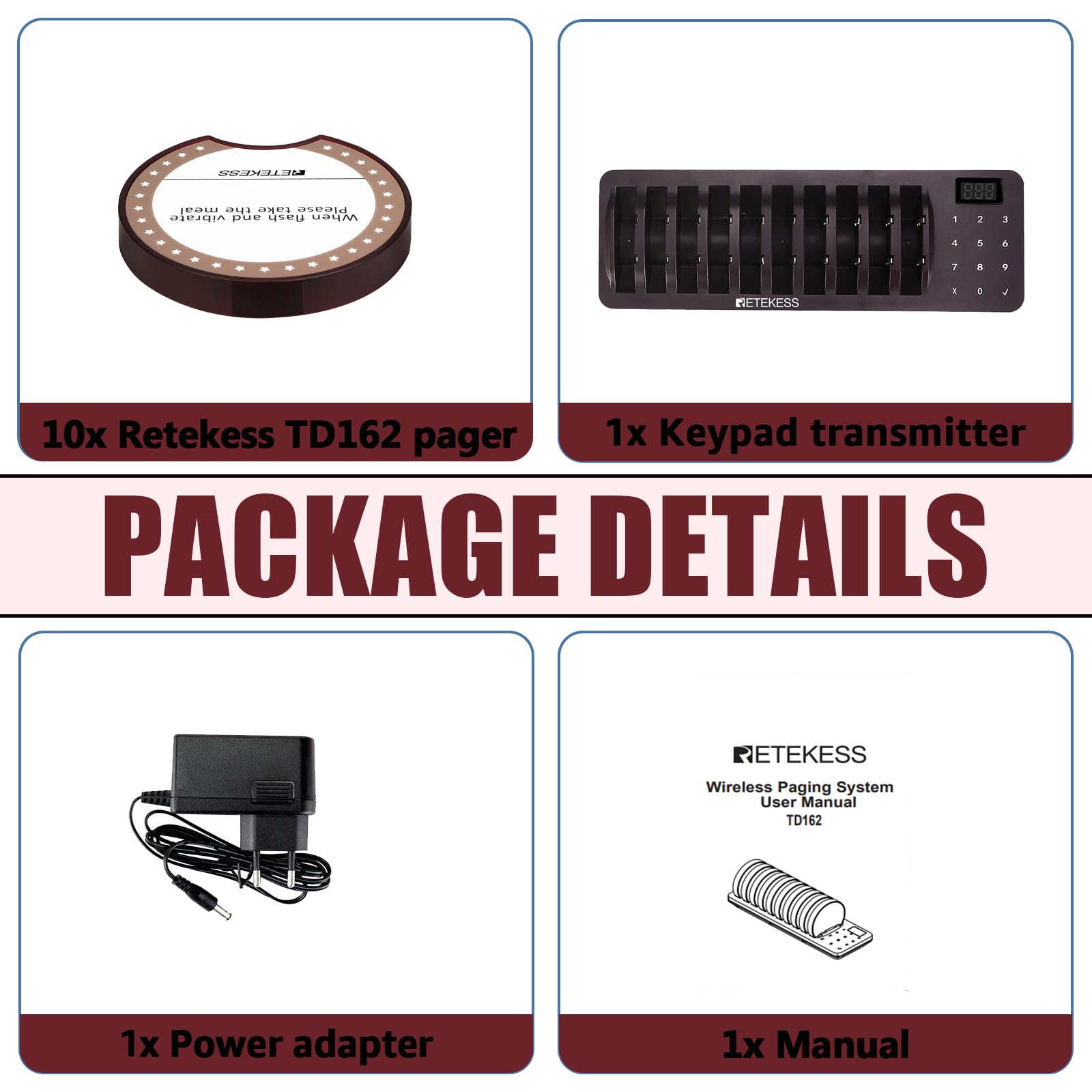 Retekess TD162 Bipeur Restaurant, 400M Bipper Restaurant, Conception Anti-Chute, 7 Modes d'Appel, 300 mAh 20H, Facilité D'utilisation, Bipeurs Client pour Food Trucks, Cafés, Bars (10 Bipper)