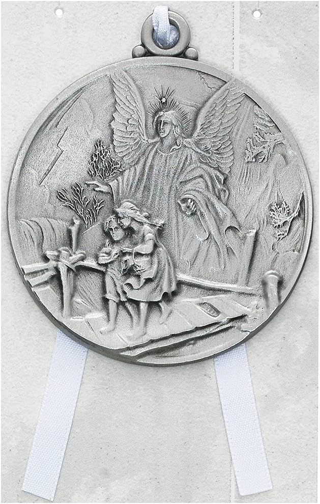 CatholicStore Guardian Angel Crib Medal with White Ribbon, Fine Pewter, Engravable Back, 2-1/2"